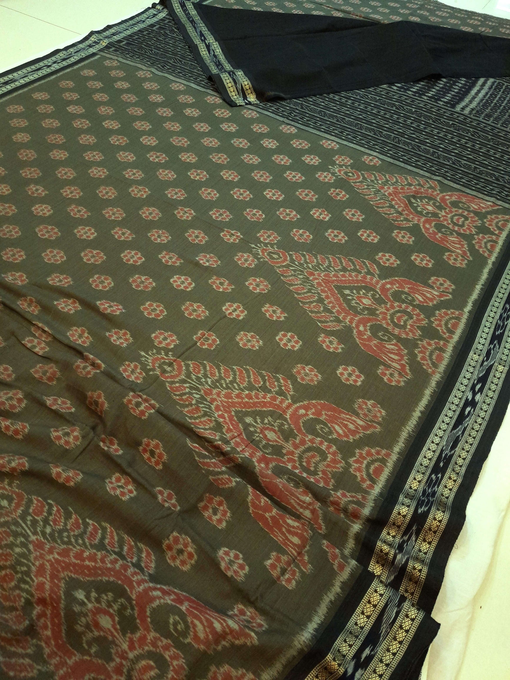 Olive Green Sambalpuri Cotton Saree with running blouse piece