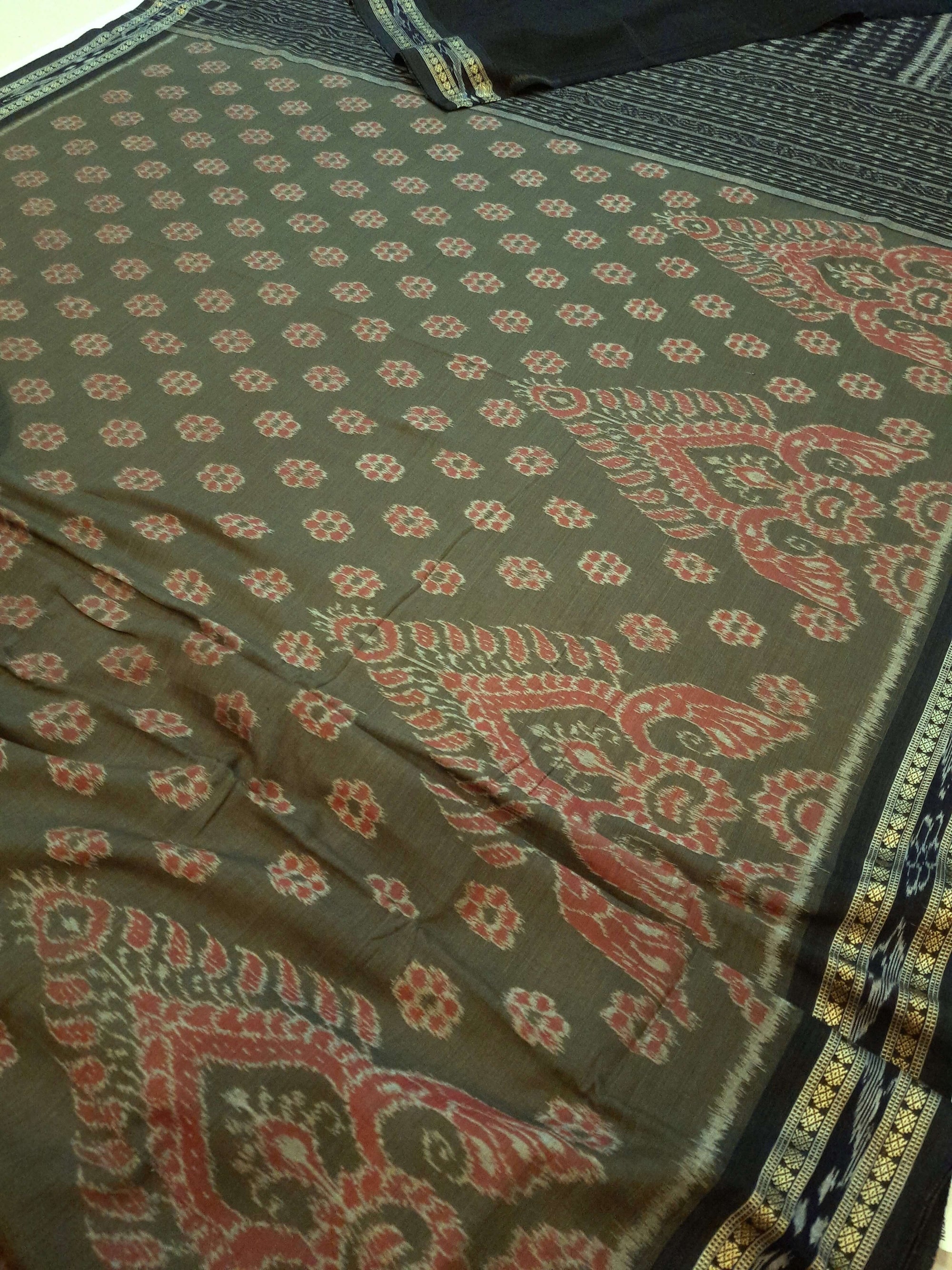 Olive Green Sambalpuri Cotton Saree with running blouse piece