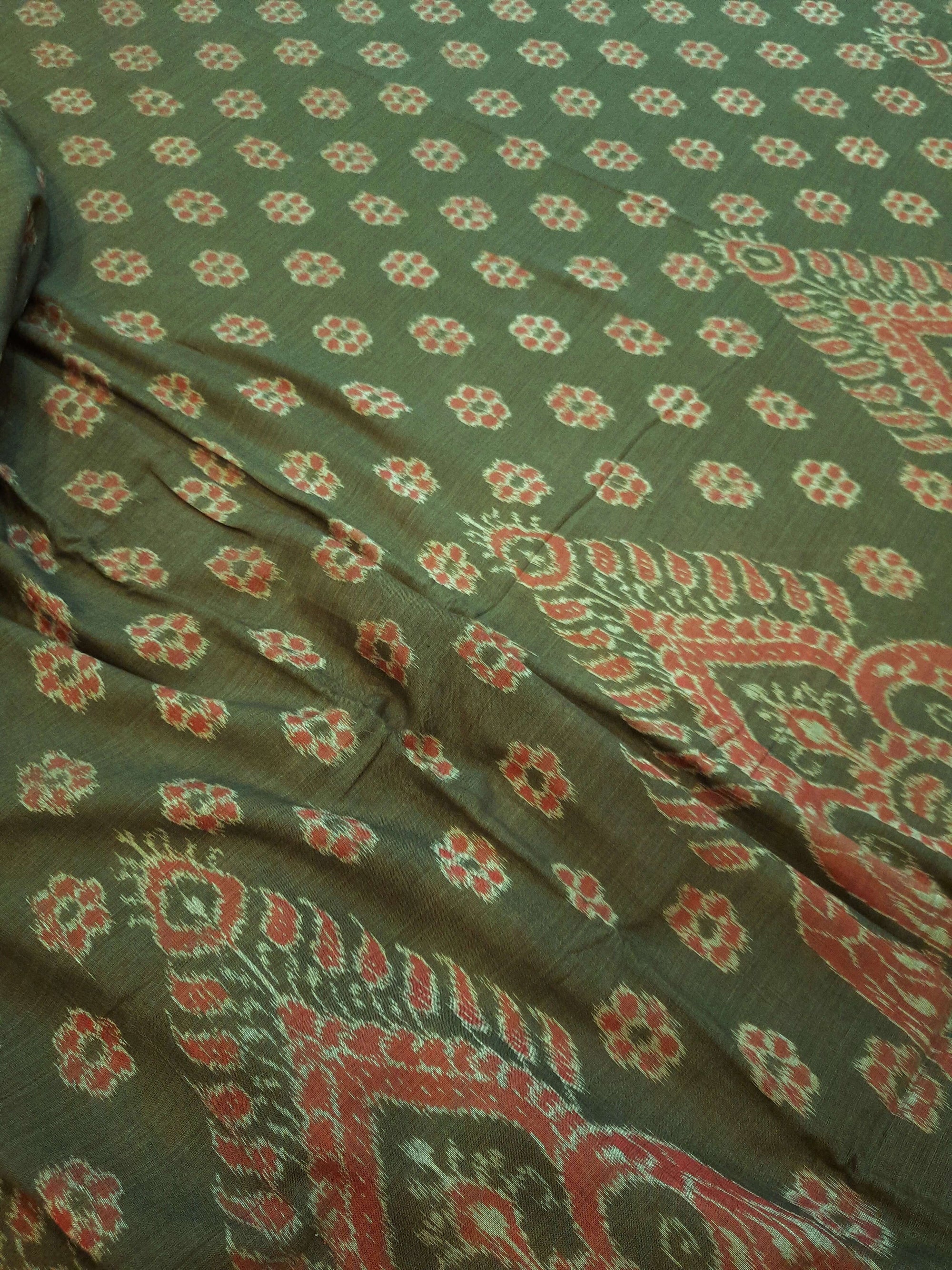 Olive Green Sambalpuri Cotton Saree with running blouse piece