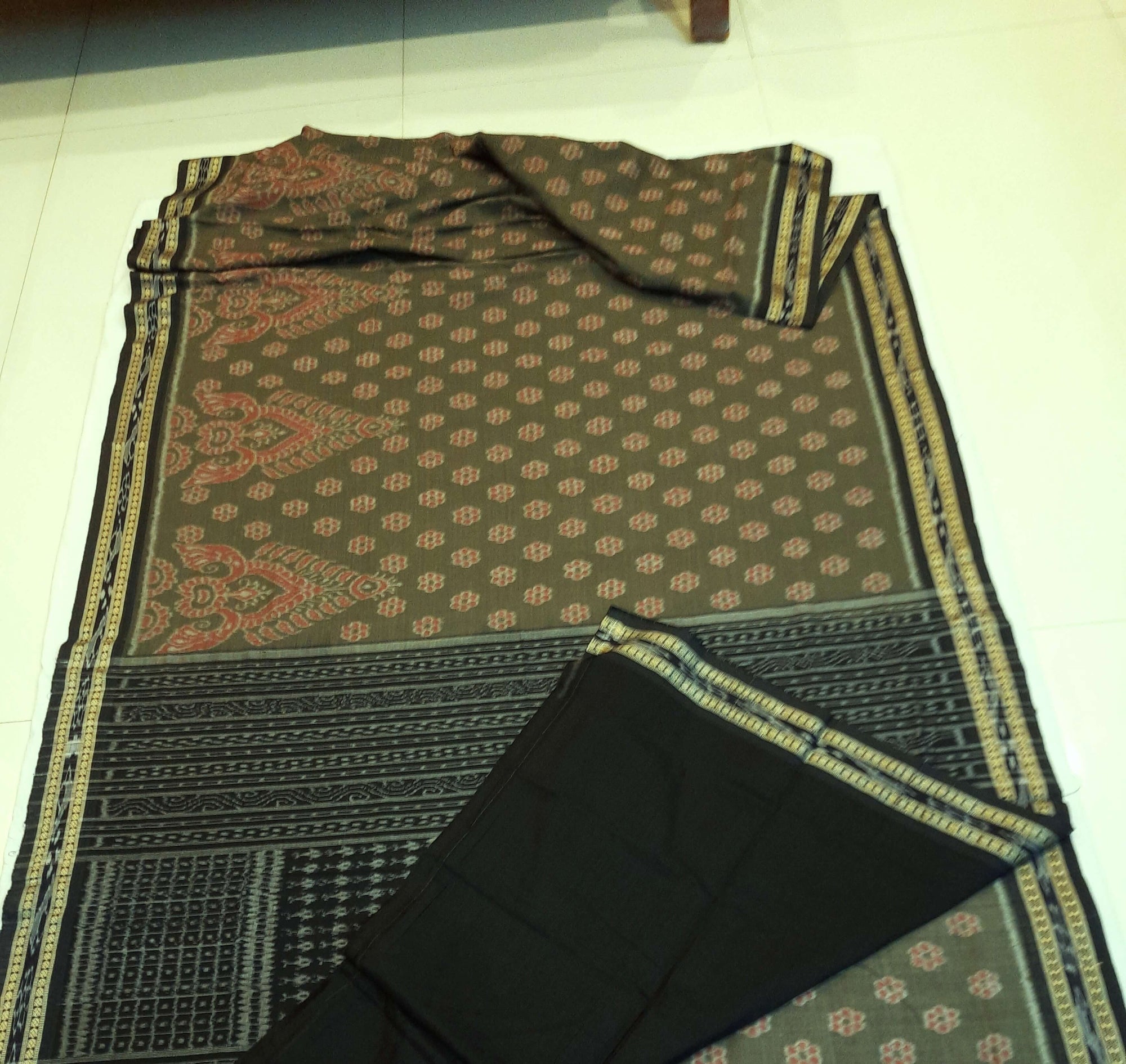 Olive Green Sambalpuri Cotton Saree with running blouse piece