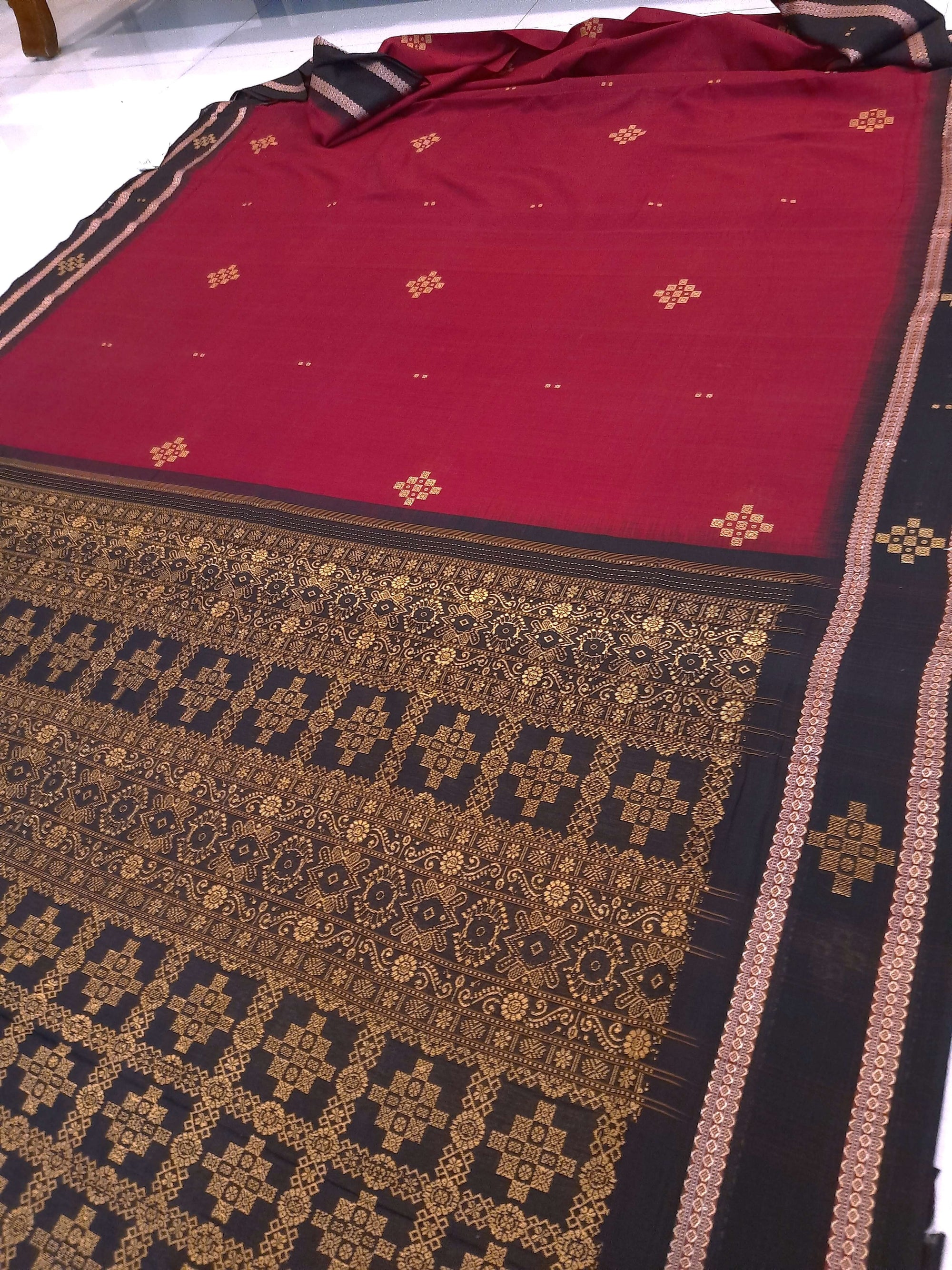Maroon Sambalpuri Cotton  Bomkai Saree with running blouse piece