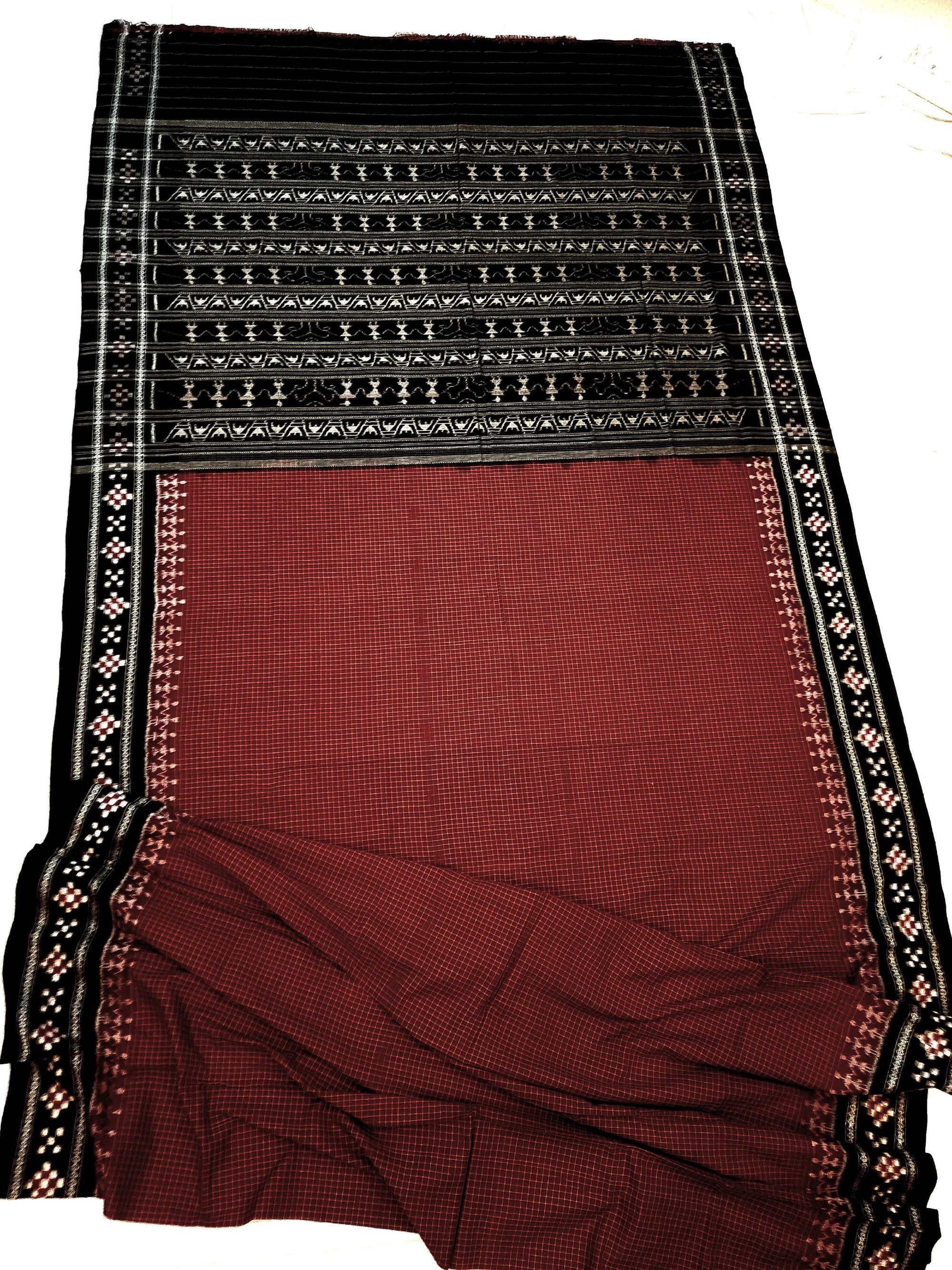 Maroon Sachipar Sambalpuri Cotton Saree with matching blouse piece