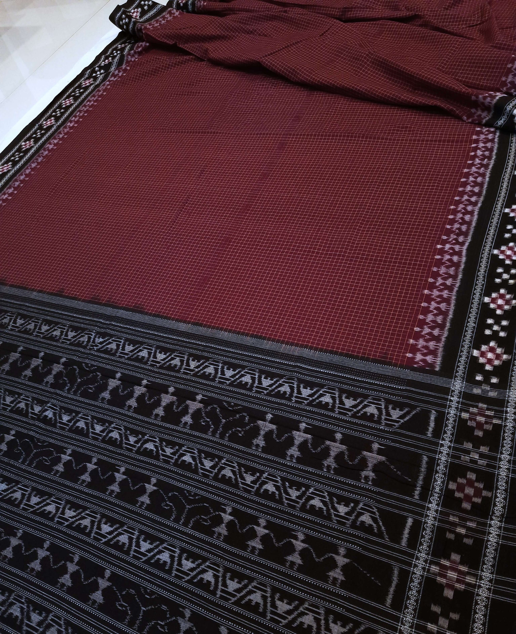 Maroon Sachipar Sambalpuri Cotton Saree with matching blouse piece