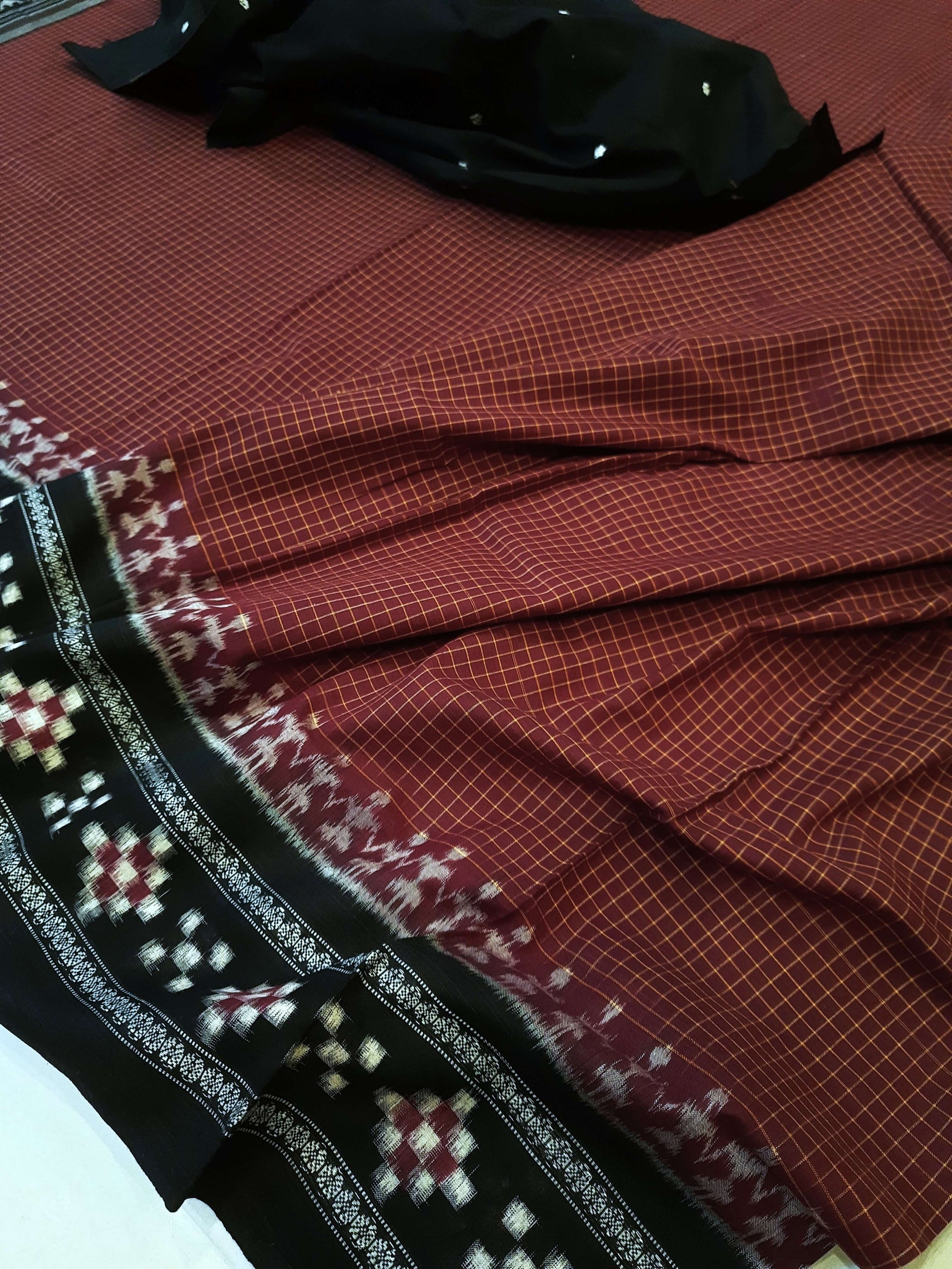 Maroon Sachipar Sambalpuri Cotton Saree with matching blouse piece