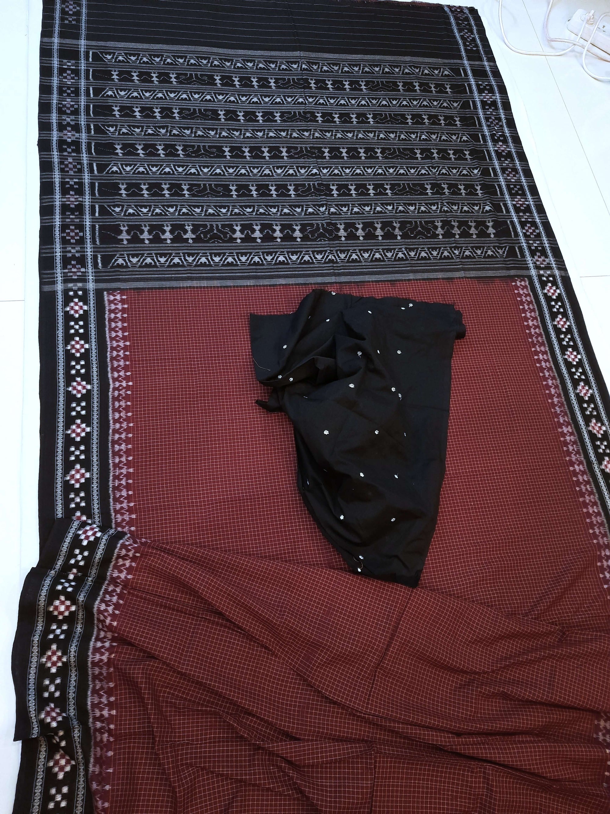 Maroon Sachipar Sambalpuri Cotton Saree with matching blouse piece
