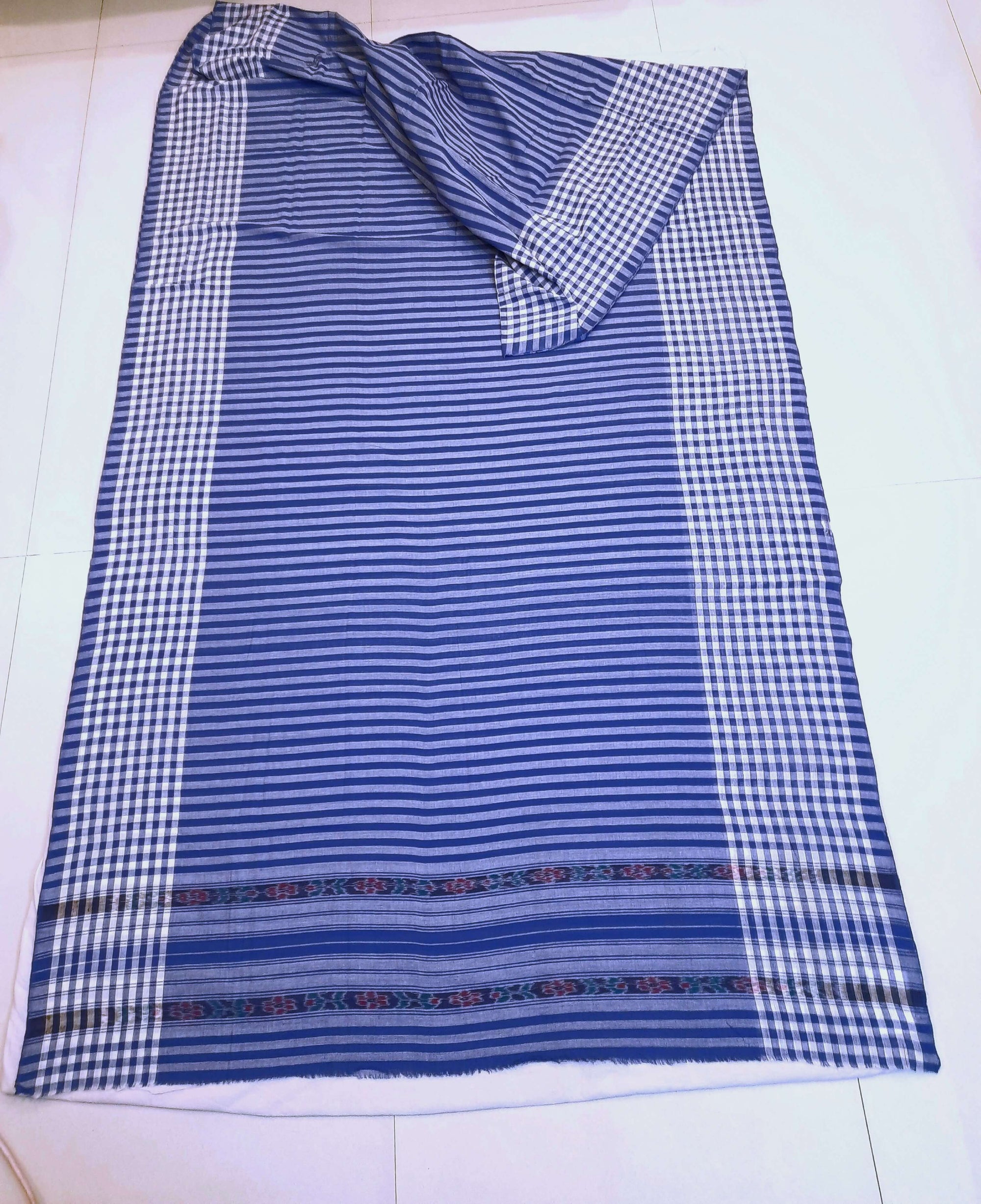 Blue striped body Cotton Odisha Ikat saree with mix match blouse piece