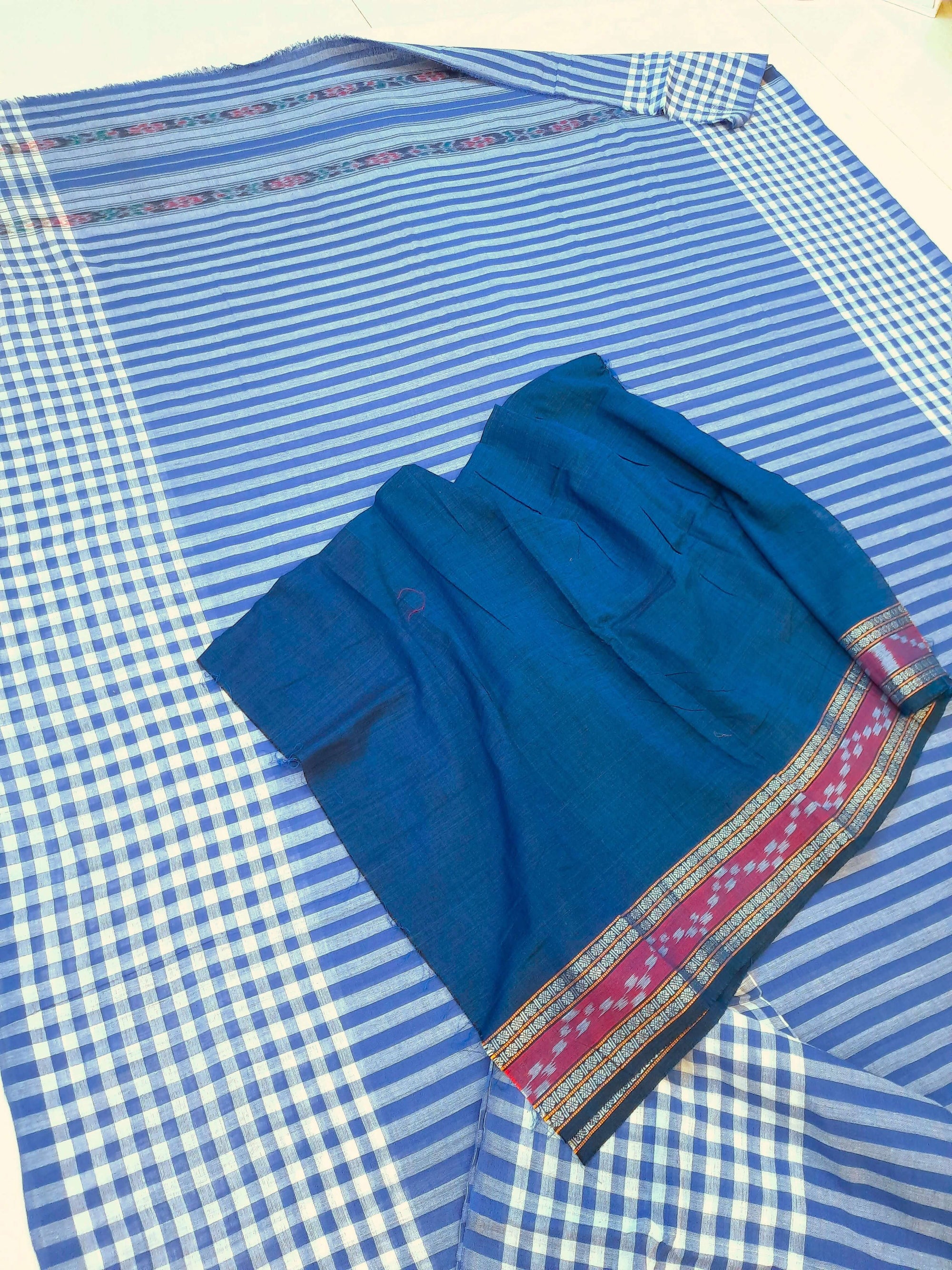 Blue striped body Cotton Odisha Ikat saree with mix match blouse piece
