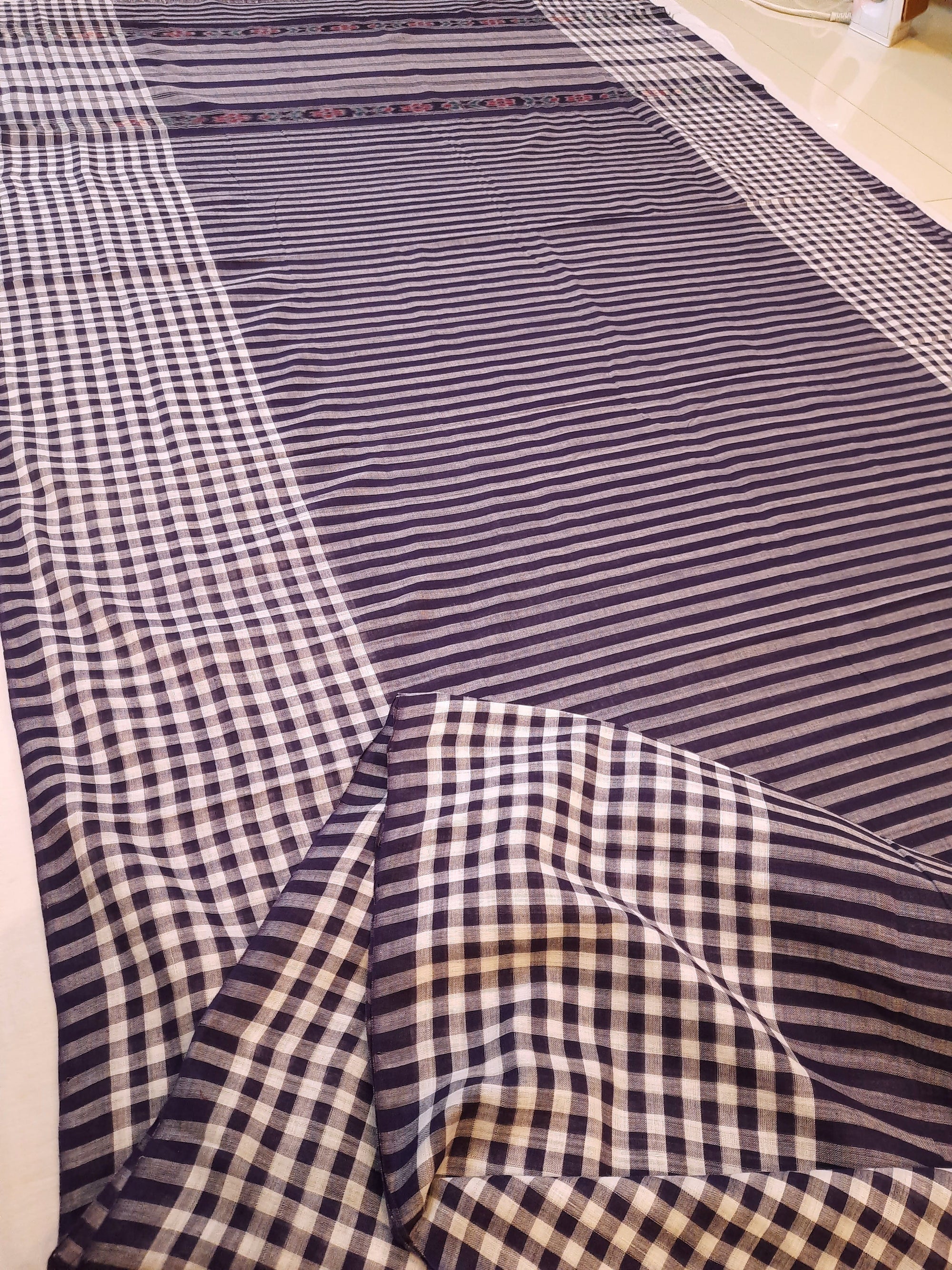 Purple with White striped Cotton Odisha Ikat saree with mix match blouse piece