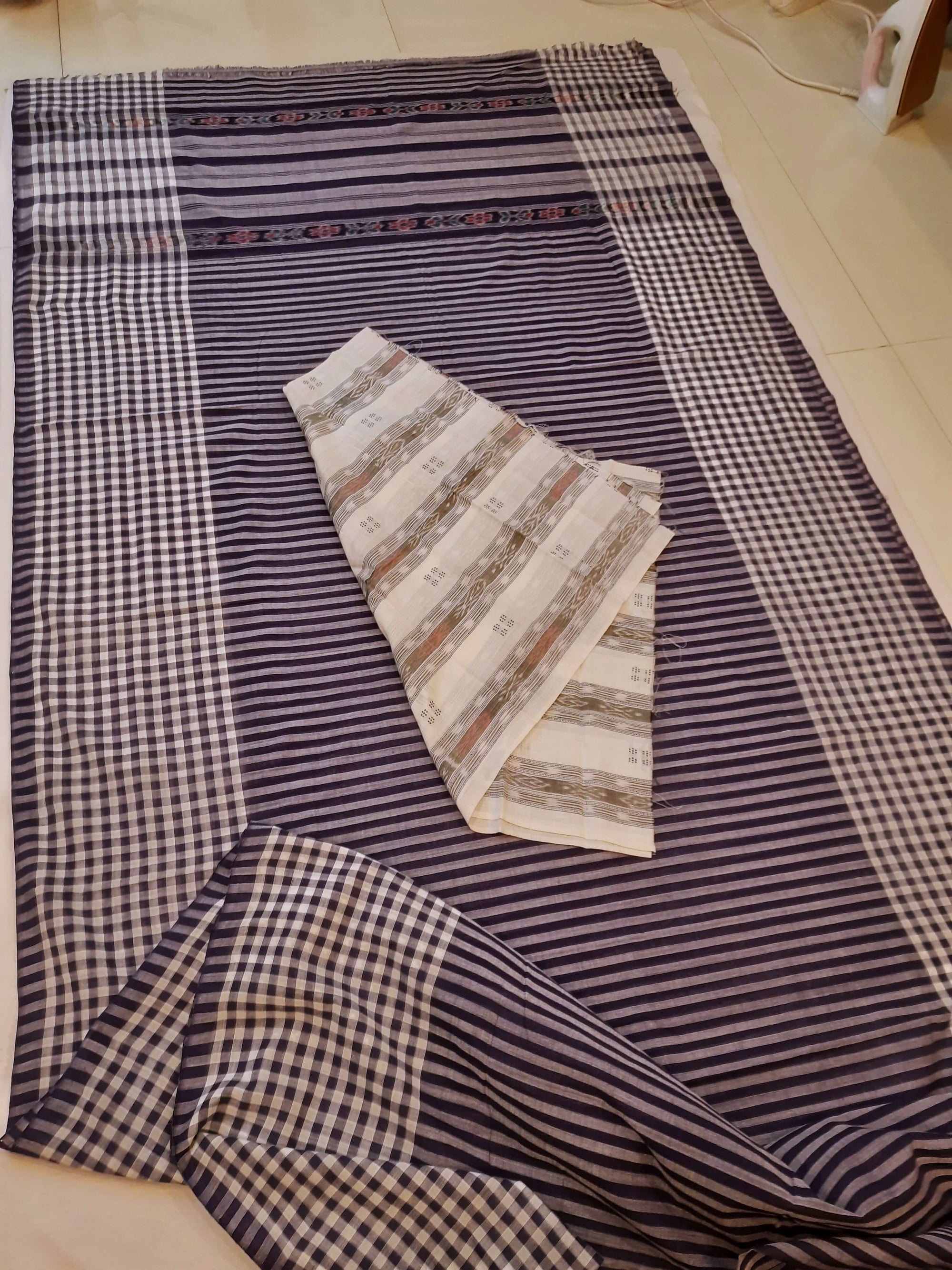 Purple with White striped Cotton Odisha Ikat saree with mix match blouse piece