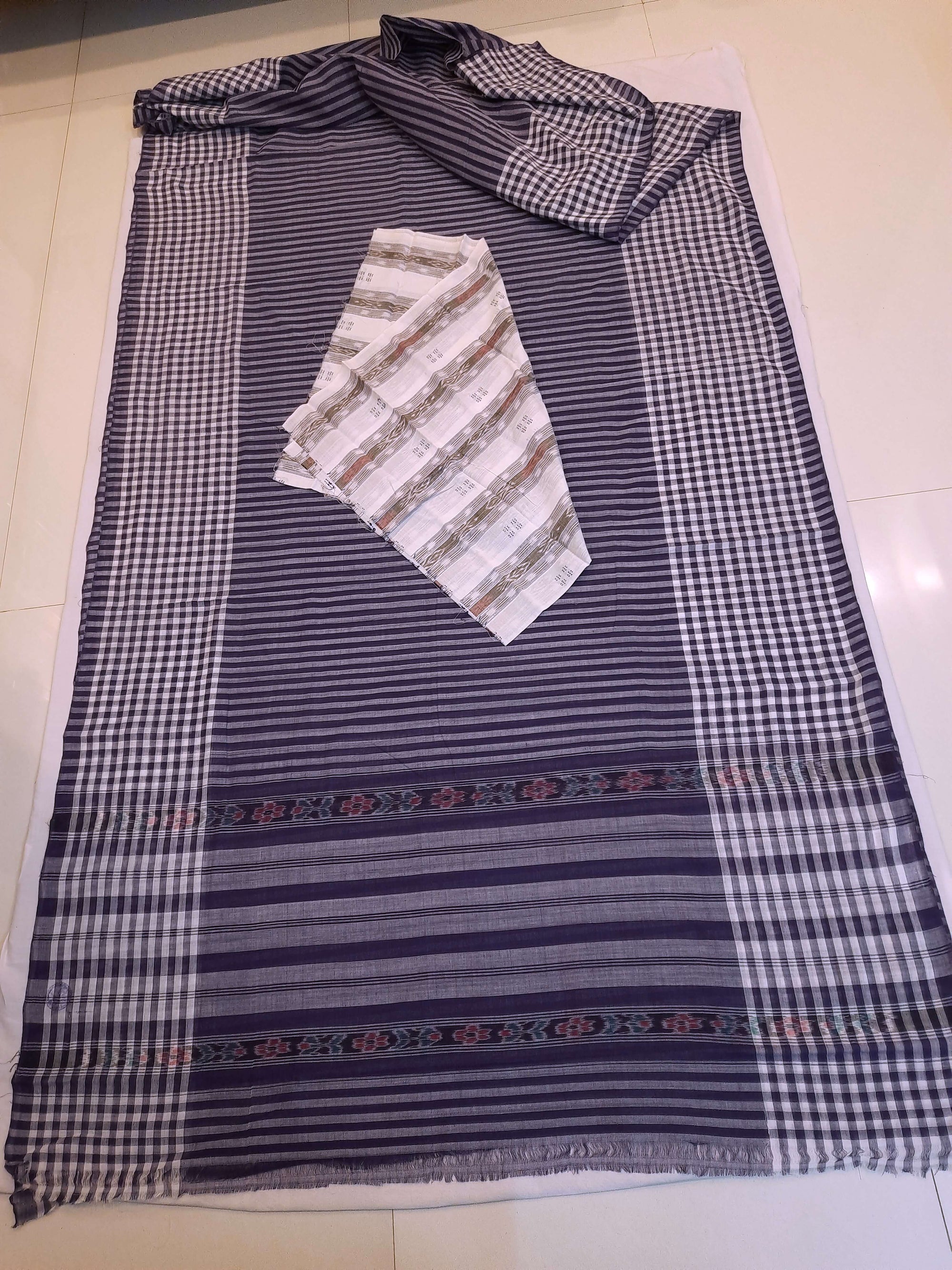 Purple with White striped Cotton Odisha Ikat saree with mix match blouse piece