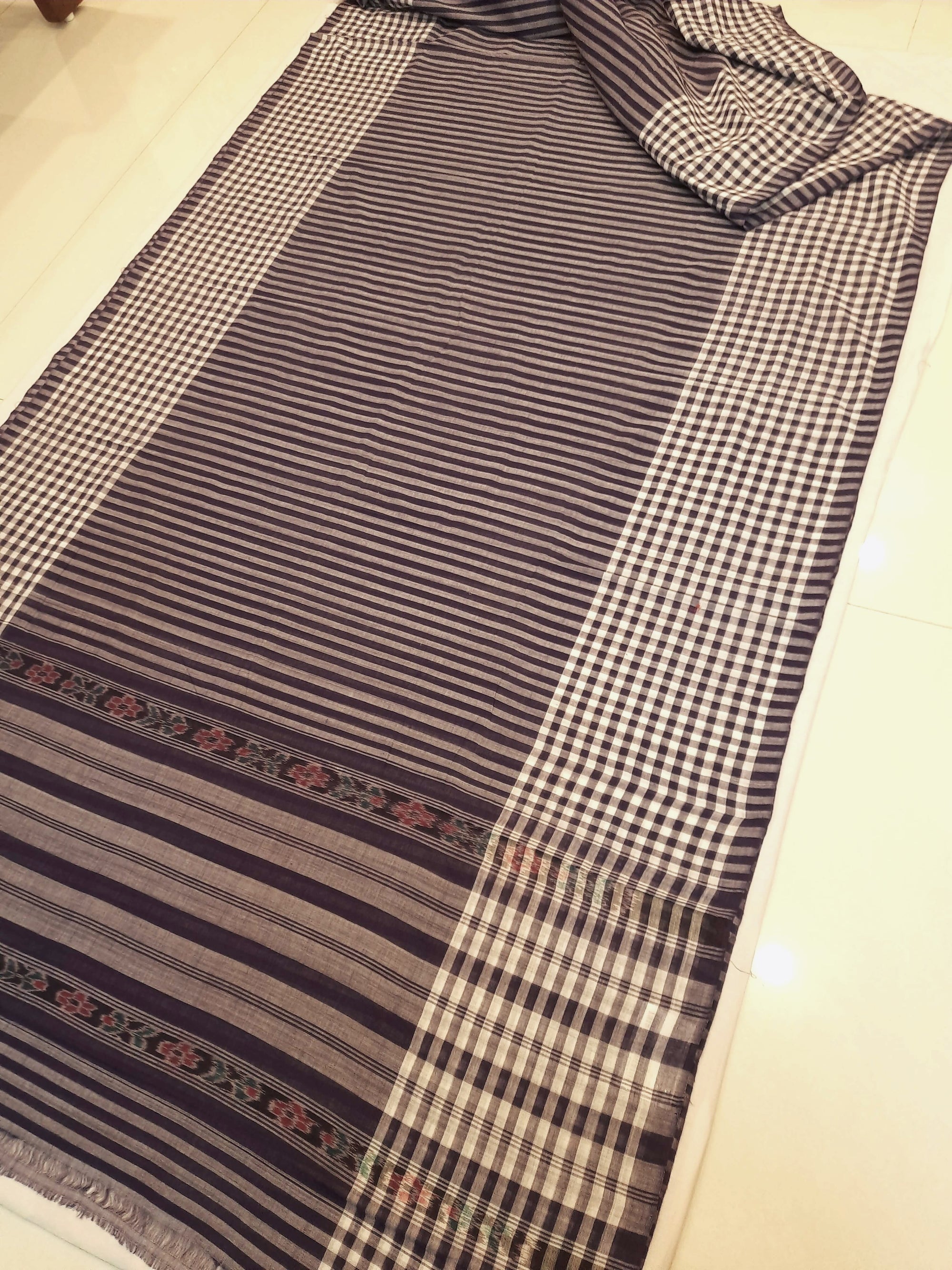 Purple with White striped Cotton Odisha Ikat saree with mix match blouse piece