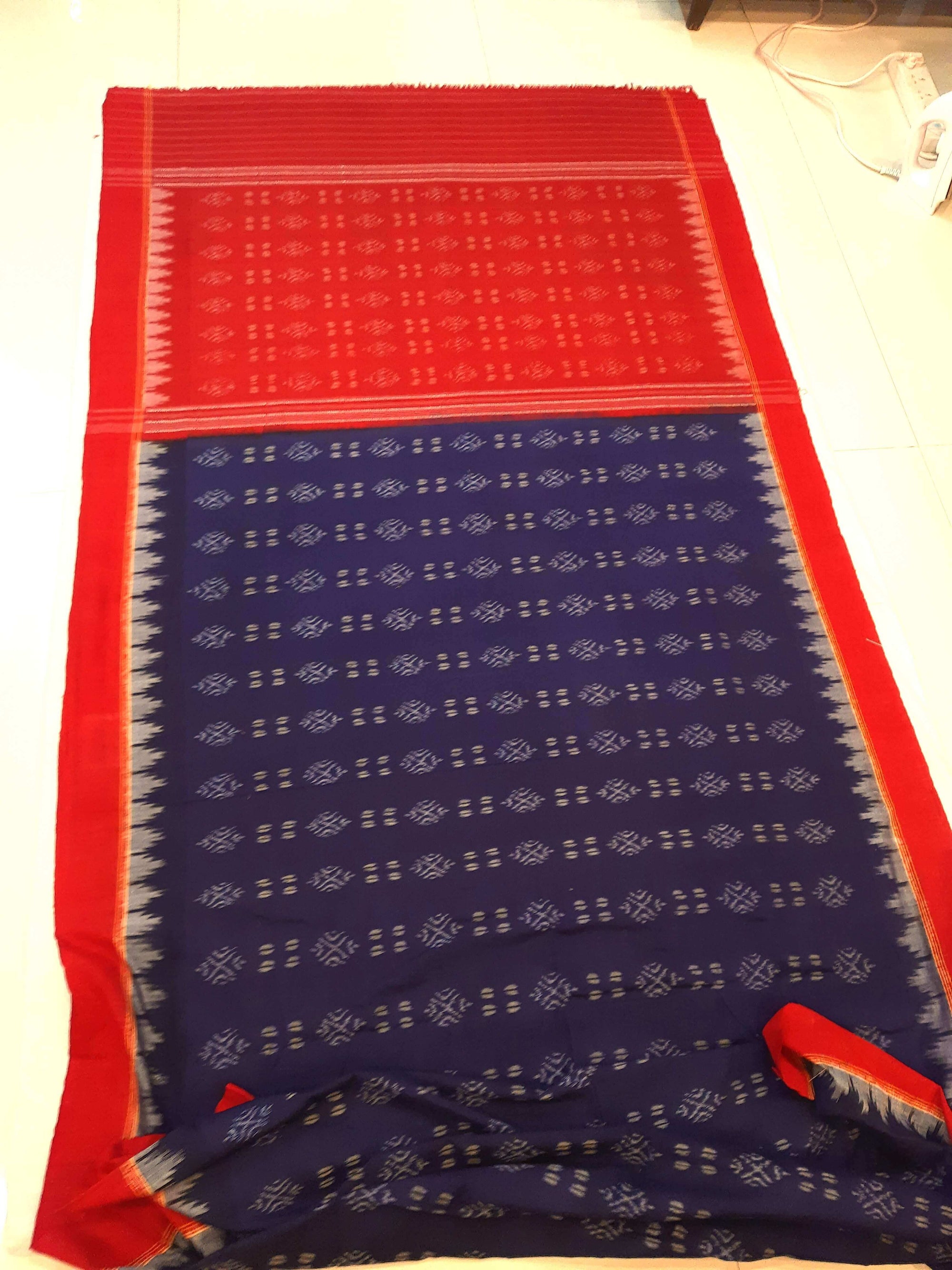 Blue and Red Sambalpuri Cotton Saree with matching blouse piece