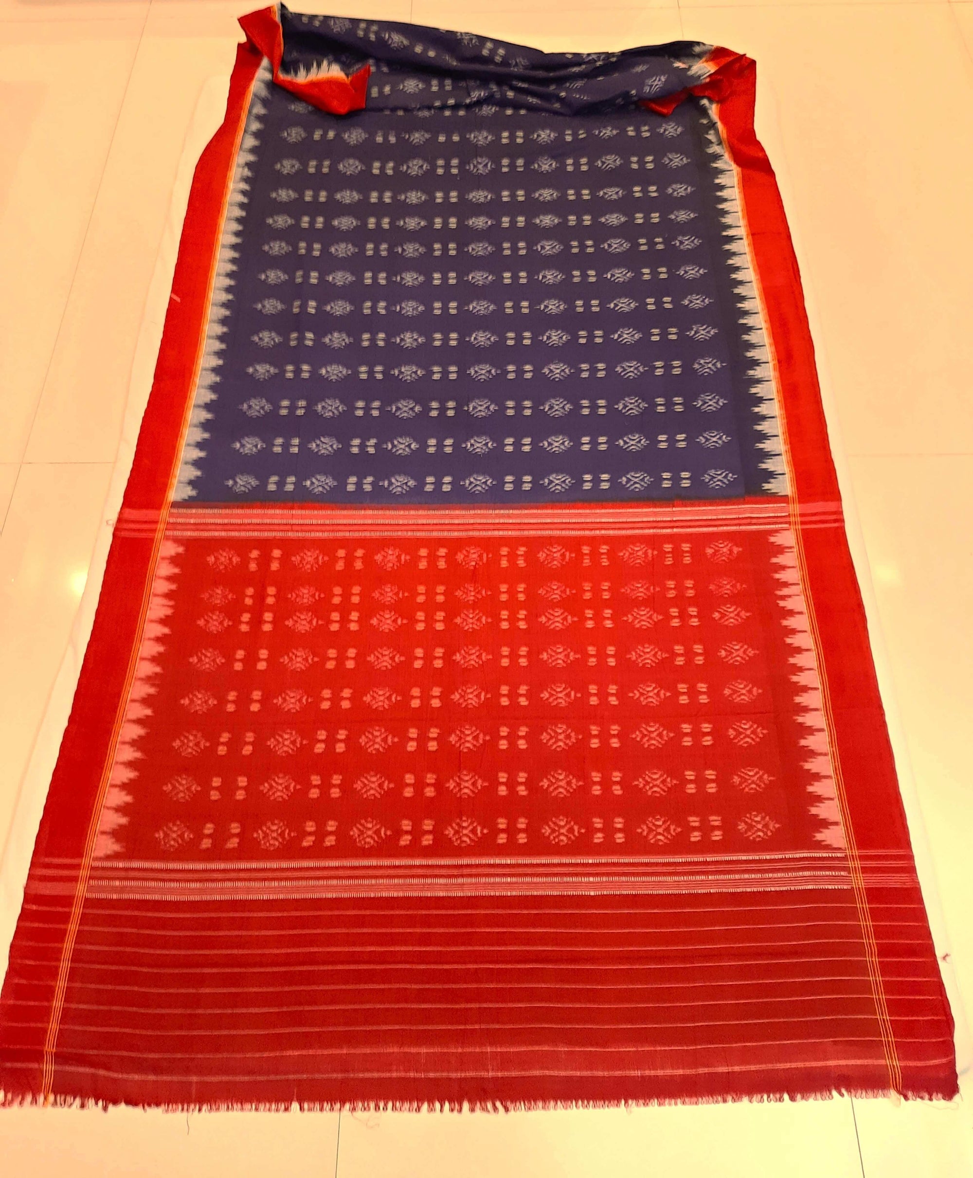 Blue and Red Sambalpuri Cotton Saree with matching blouse piece