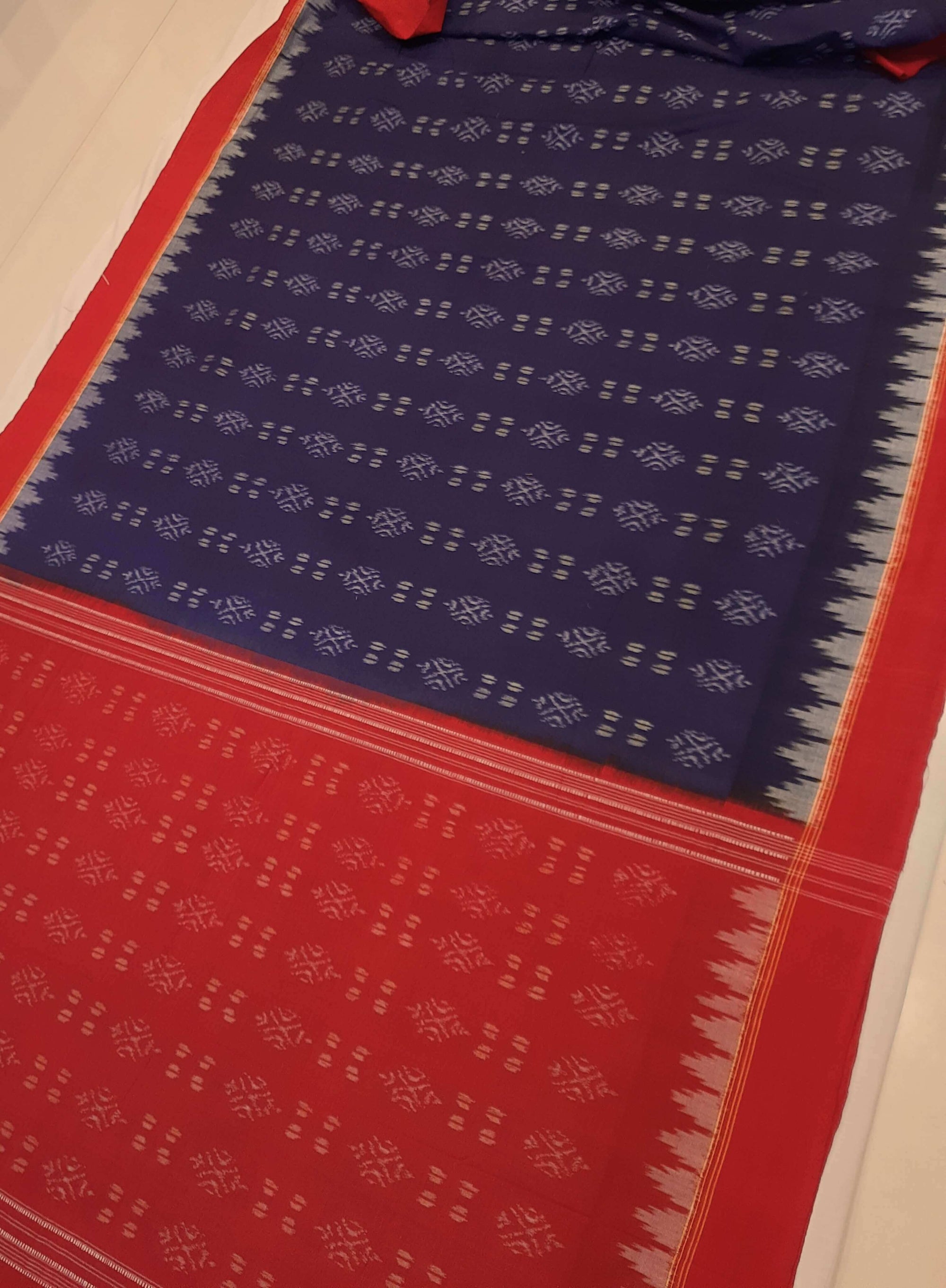 Blue and Red Sambalpuri Cotton Saree with matching blouse piece
