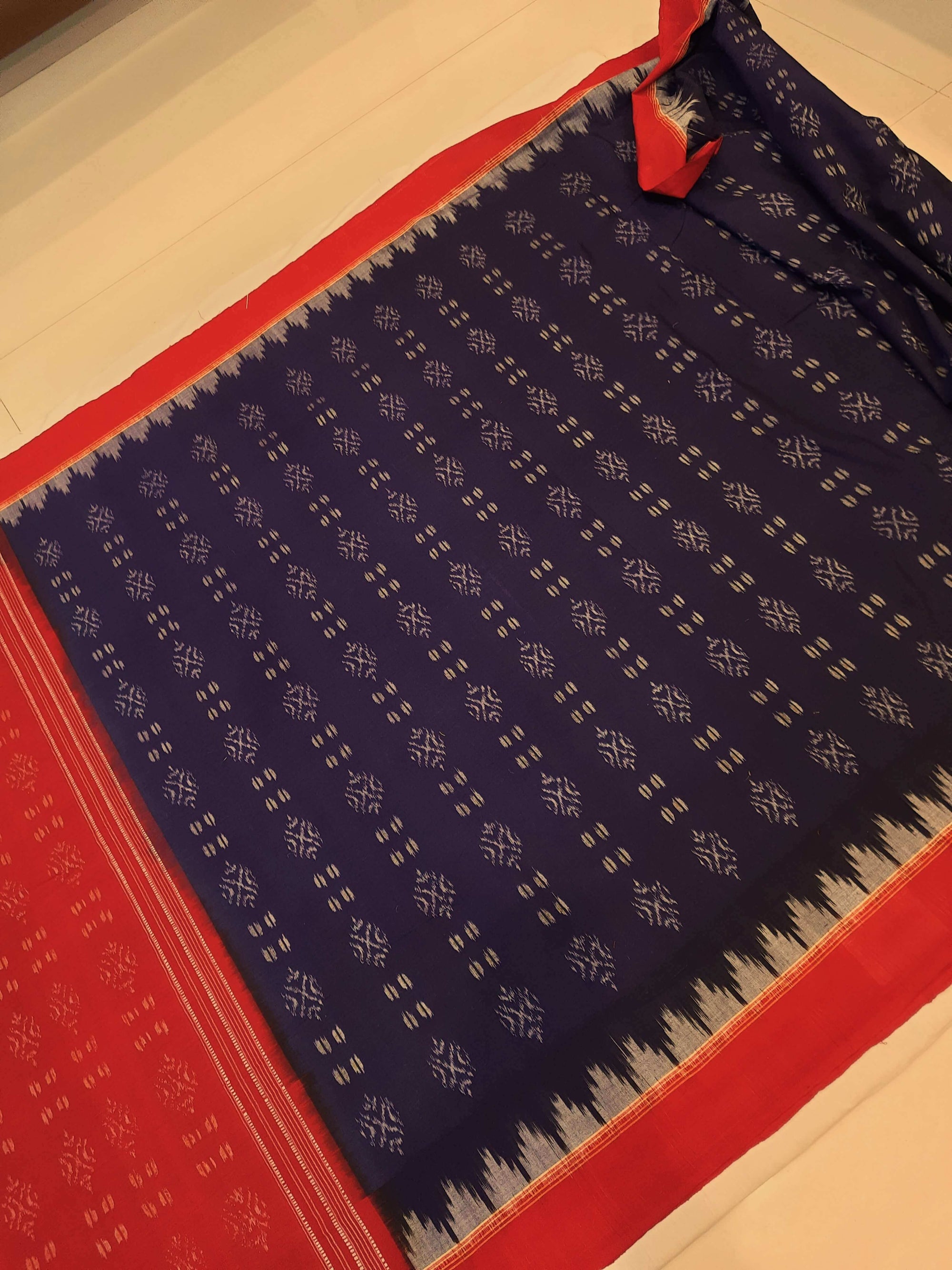 Blue and Red Sambalpuri Cotton Saree with matching blouse piece