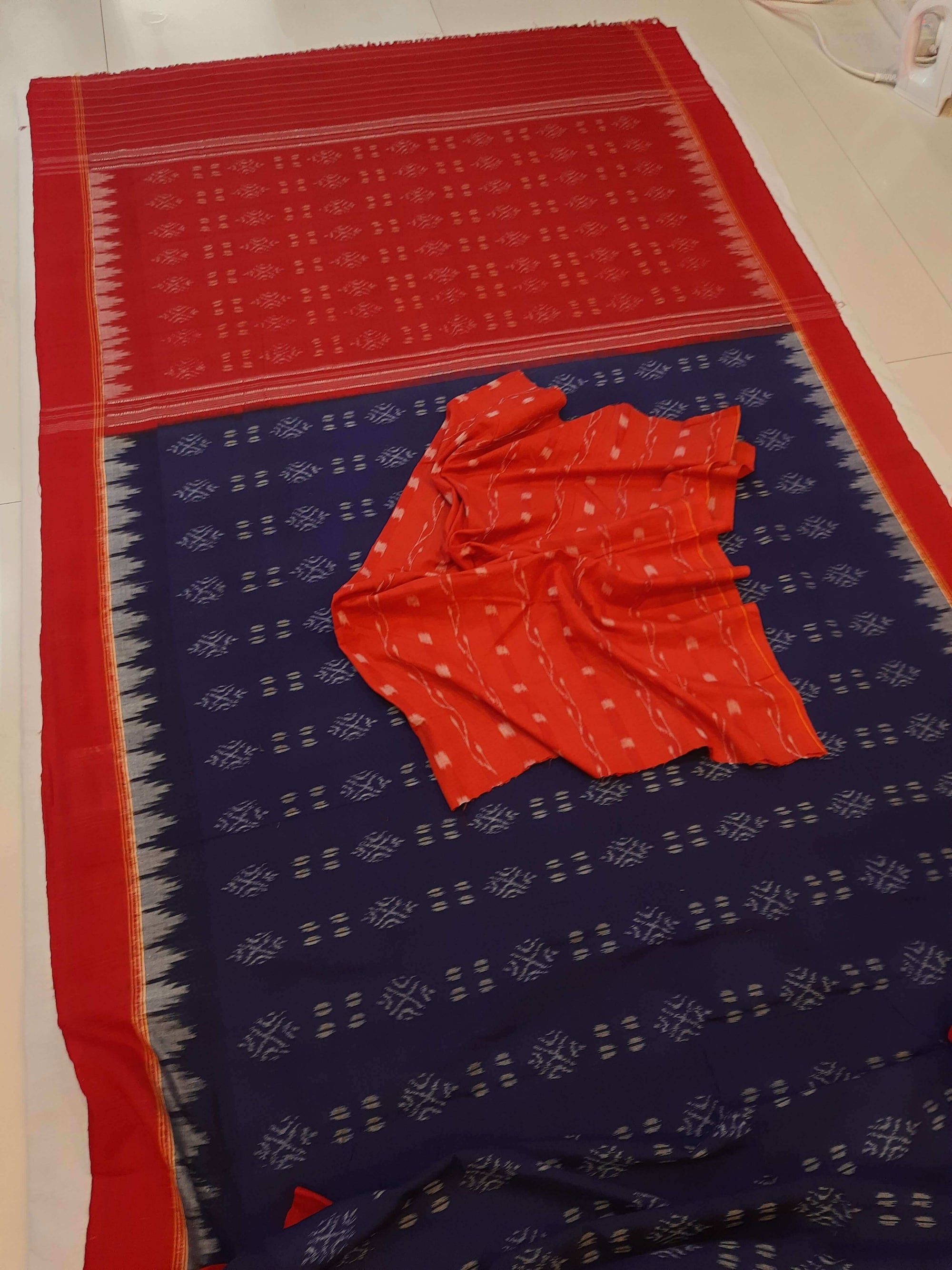 Blue and Red Sambalpuri Cotton Saree with matching blouse piece