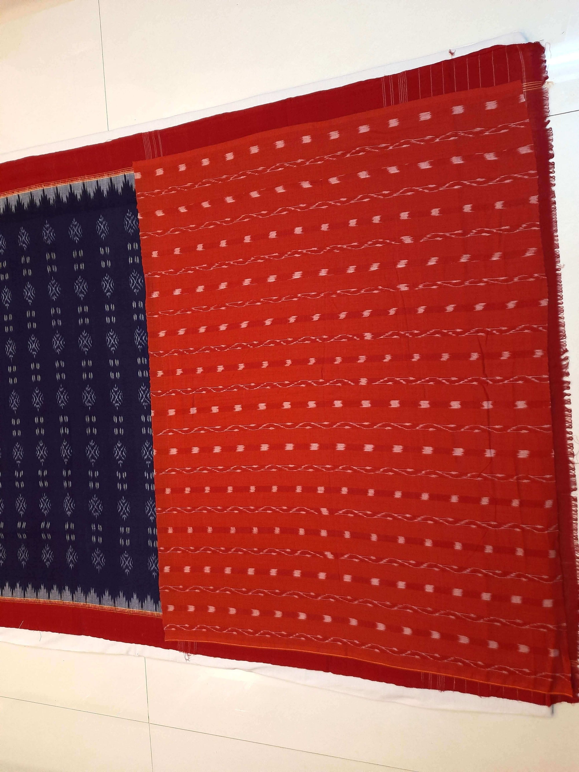 Blue and Red Sambalpuri Cotton Saree with matching blouse piece