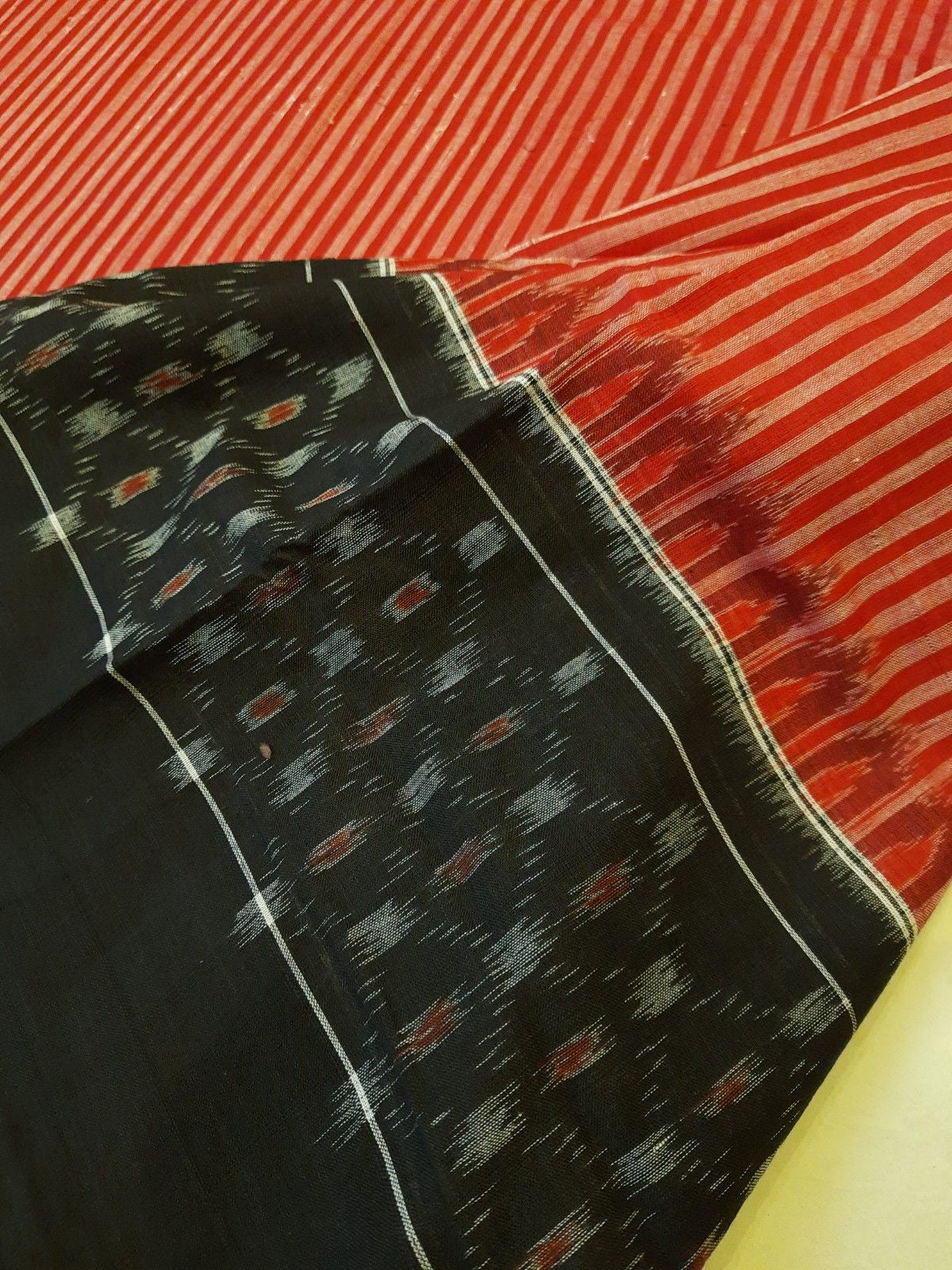 Red Stripe body Sambalpuri Cotton Saree with running blouse piece