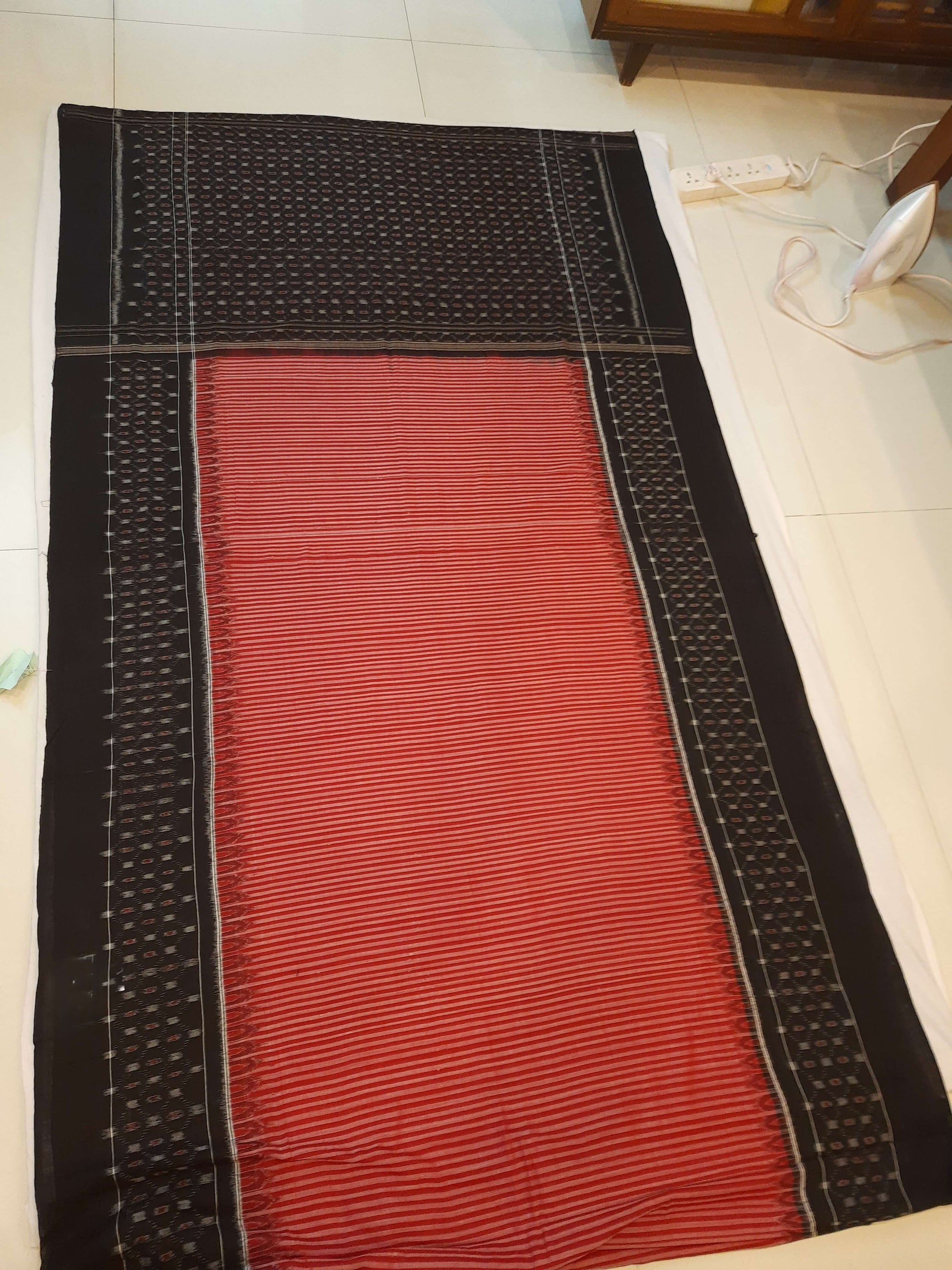 Red Stripe body Sambalpuri Cotton Saree with running blouse piece