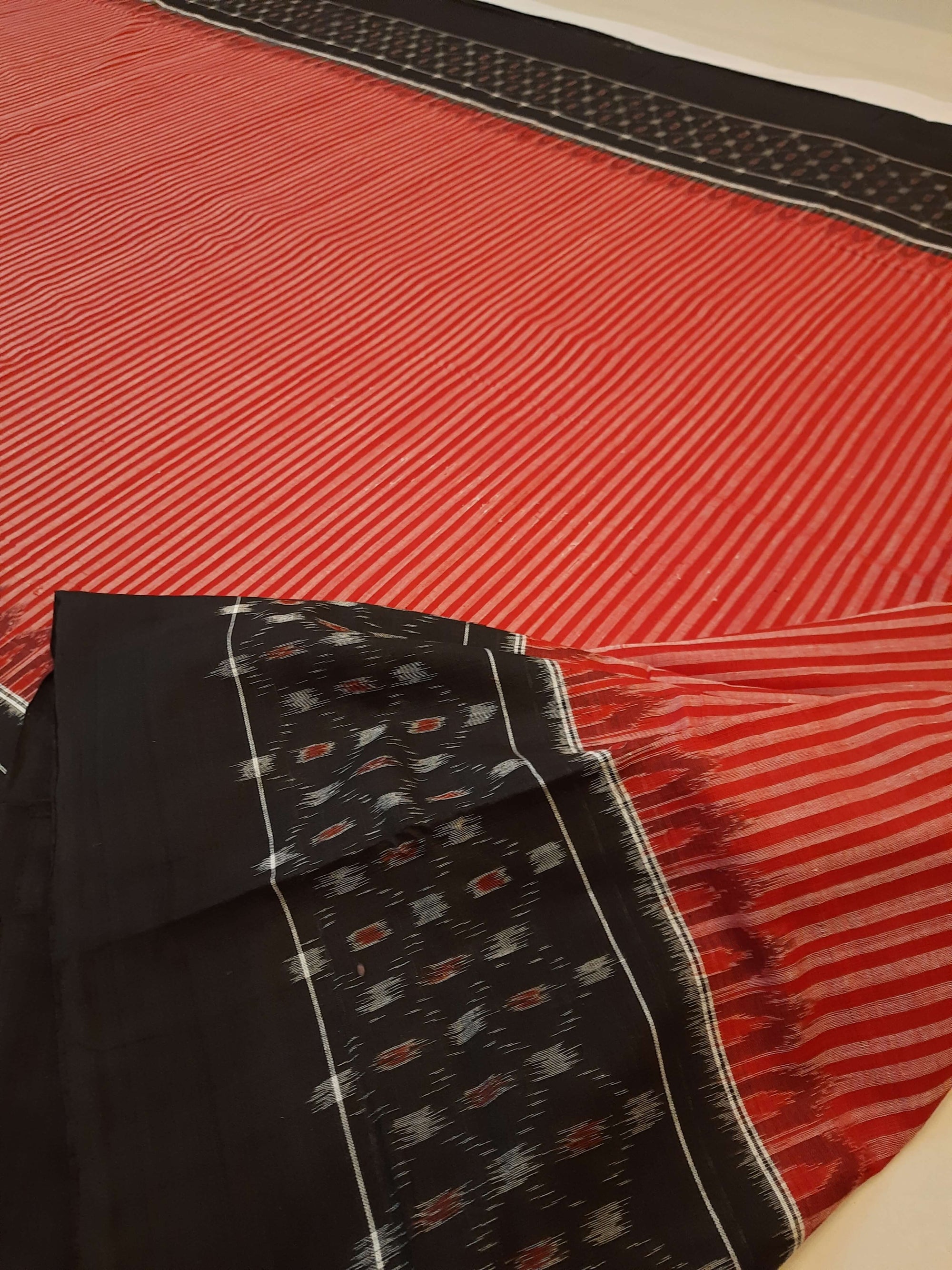 Red Stripe body Sambalpuri Cotton Saree with running blouse piece
