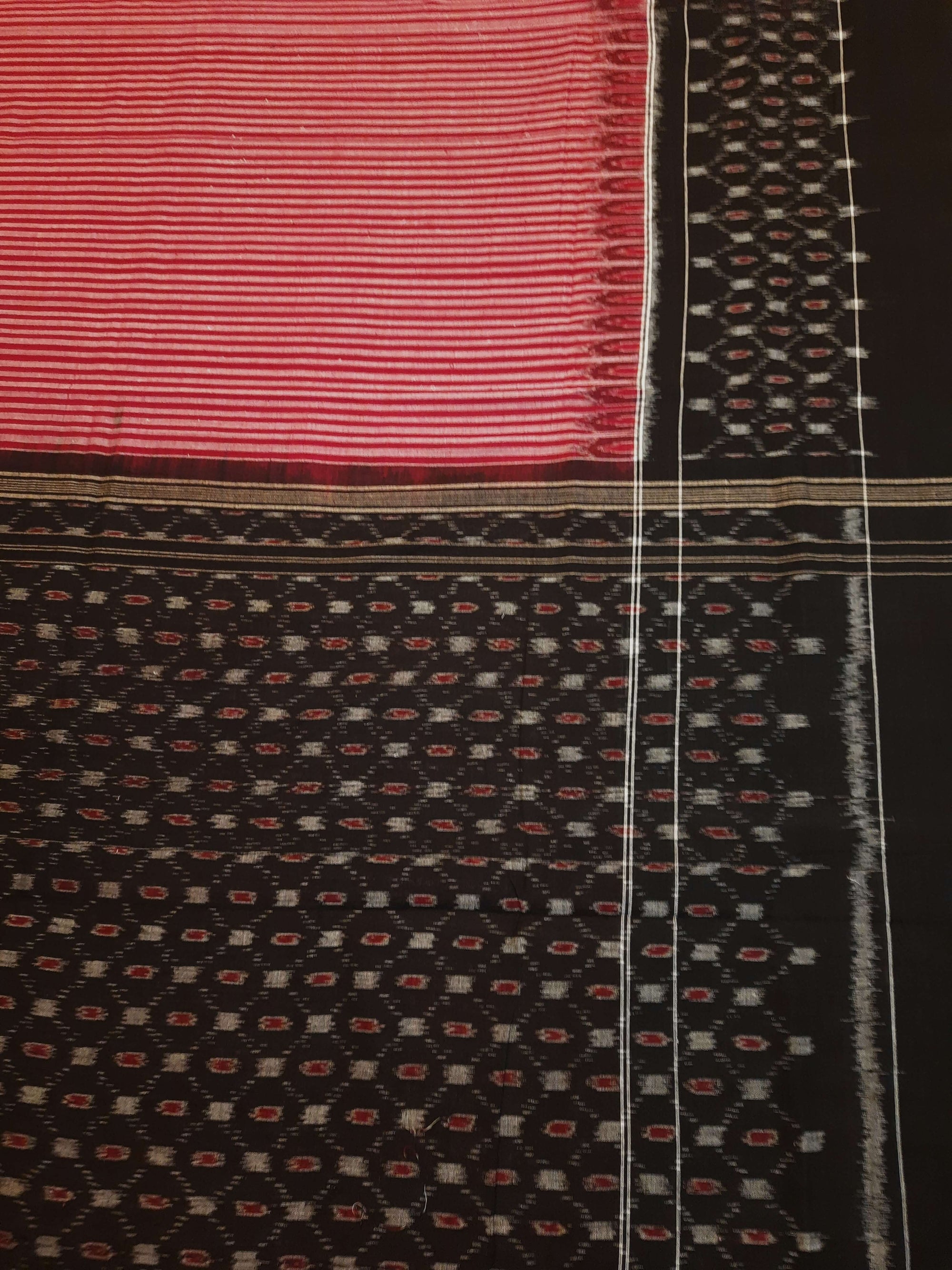 Red Stripe body Sambalpuri Cotton Saree with running blouse piece