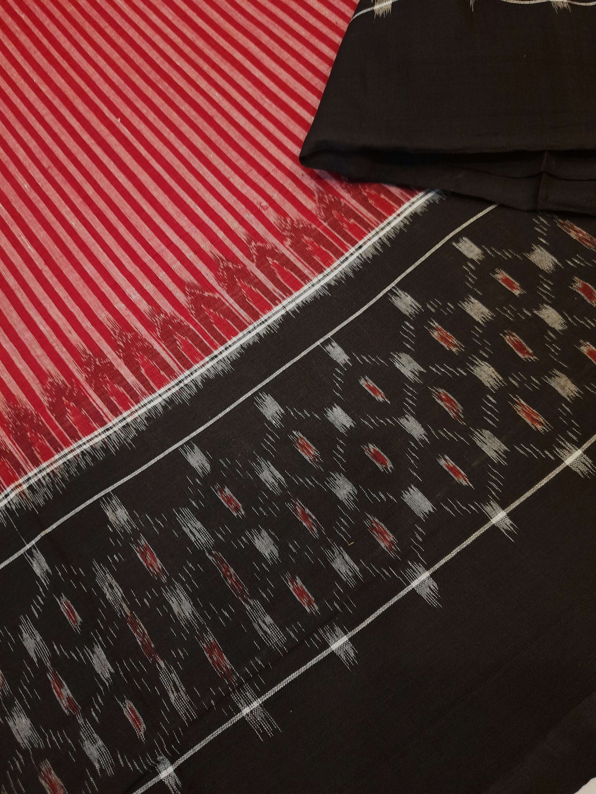 Red Stripe body Sambalpuri Cotton Saree with running blouse piece