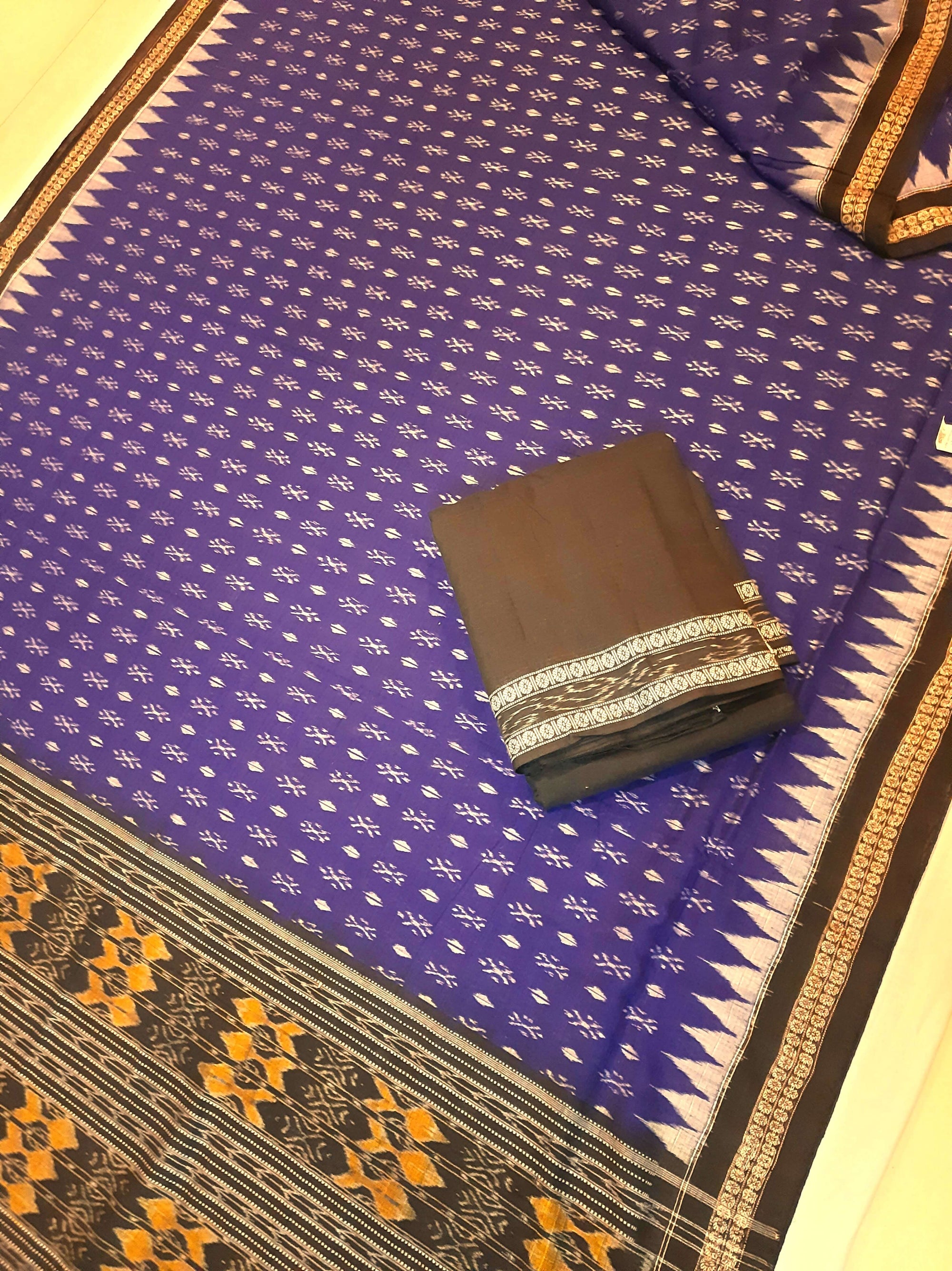 Indigo colour Sambalpuri Cotton Saree with matching blouse piece