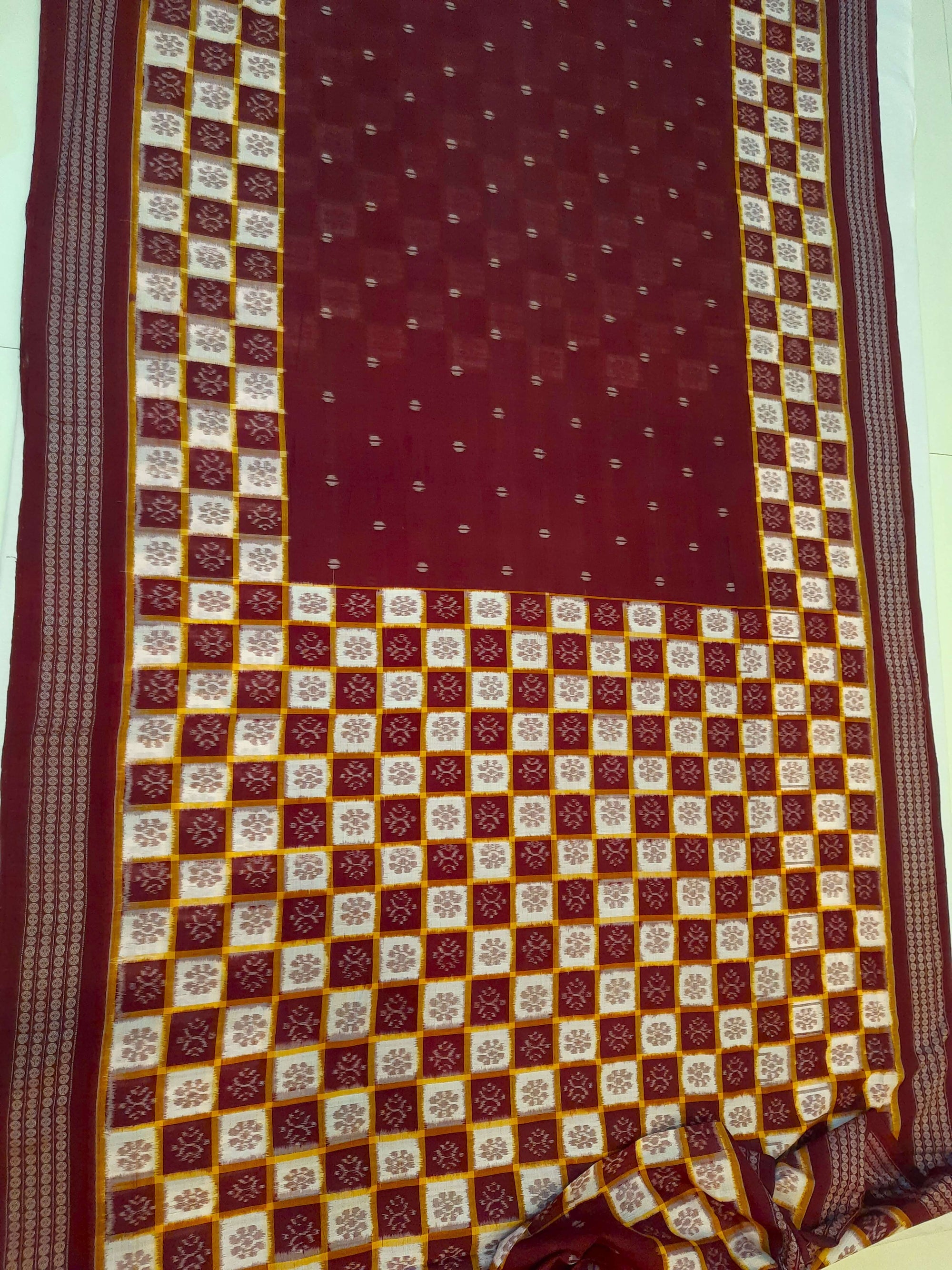 Maroon Patli Pleats Bomkai Sambalpuri cotton Saree with mix match ikat blouse piece