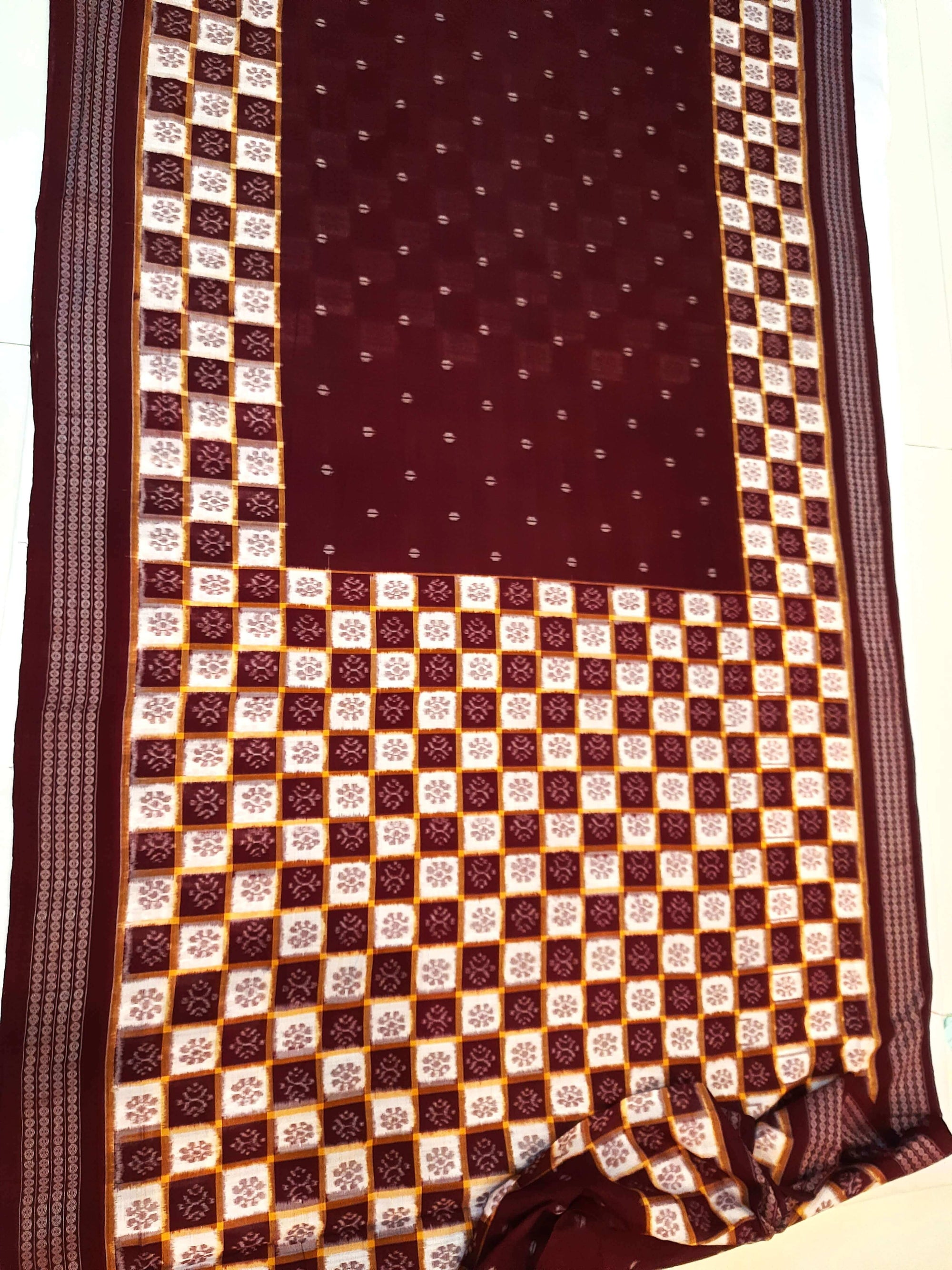 Maroon Patli Pleats Bomkai Sambalpuri cotton Saree with mix match ikat blouse piece