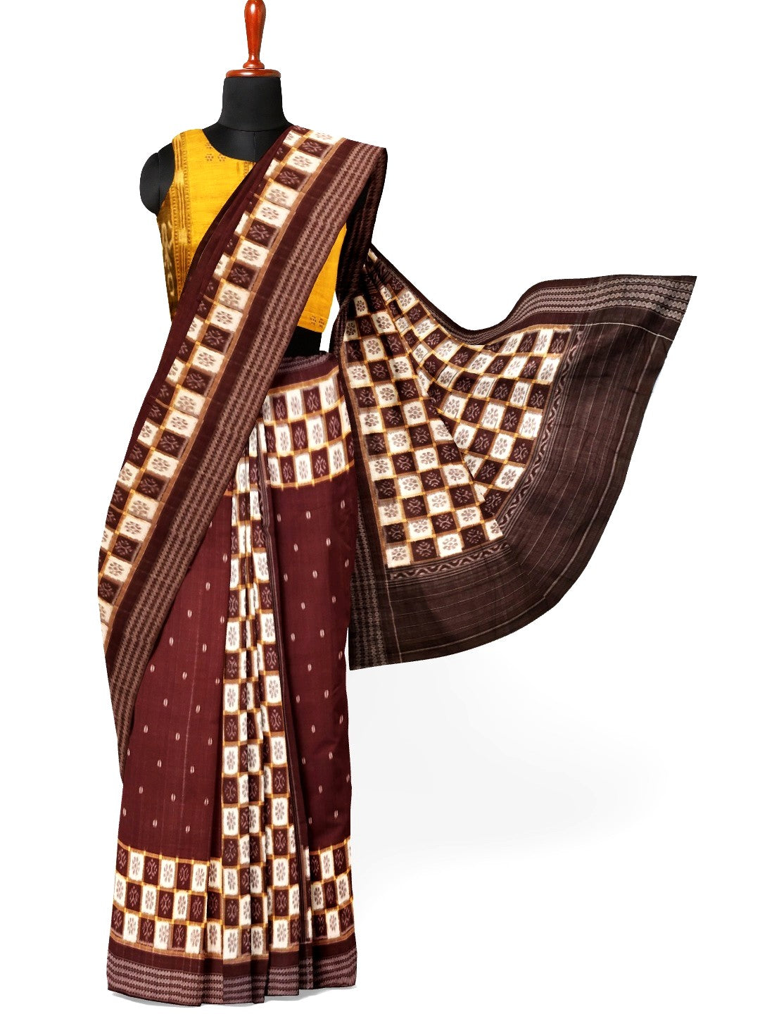 Maroon Patli Pleats Bomkai Sambalpuri cotton Saree with mix match ikat blouse piece