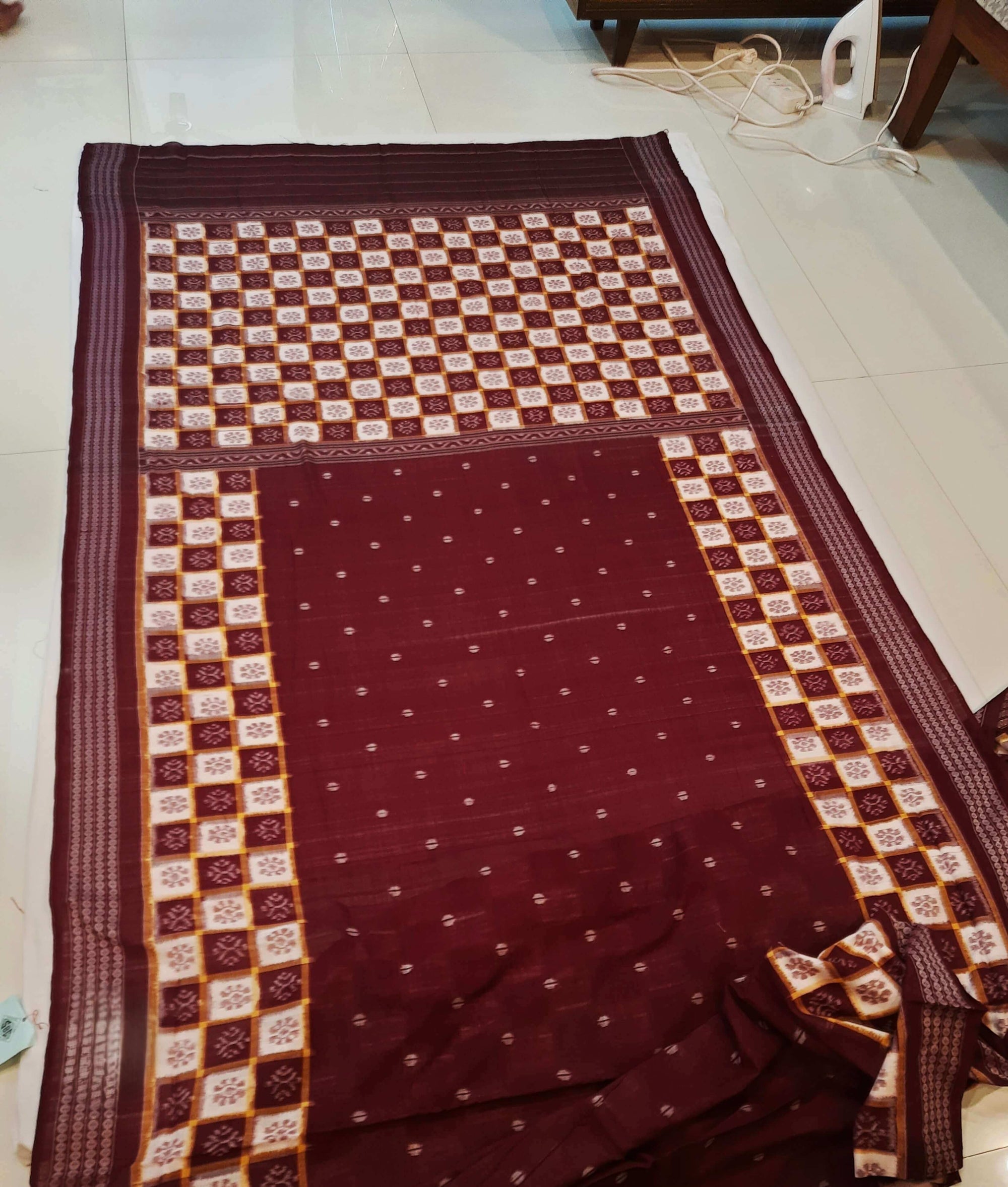 Maroon Patli Pleats Bomkai Sambalpuri cotton Saree with mix match ikat blouse piece