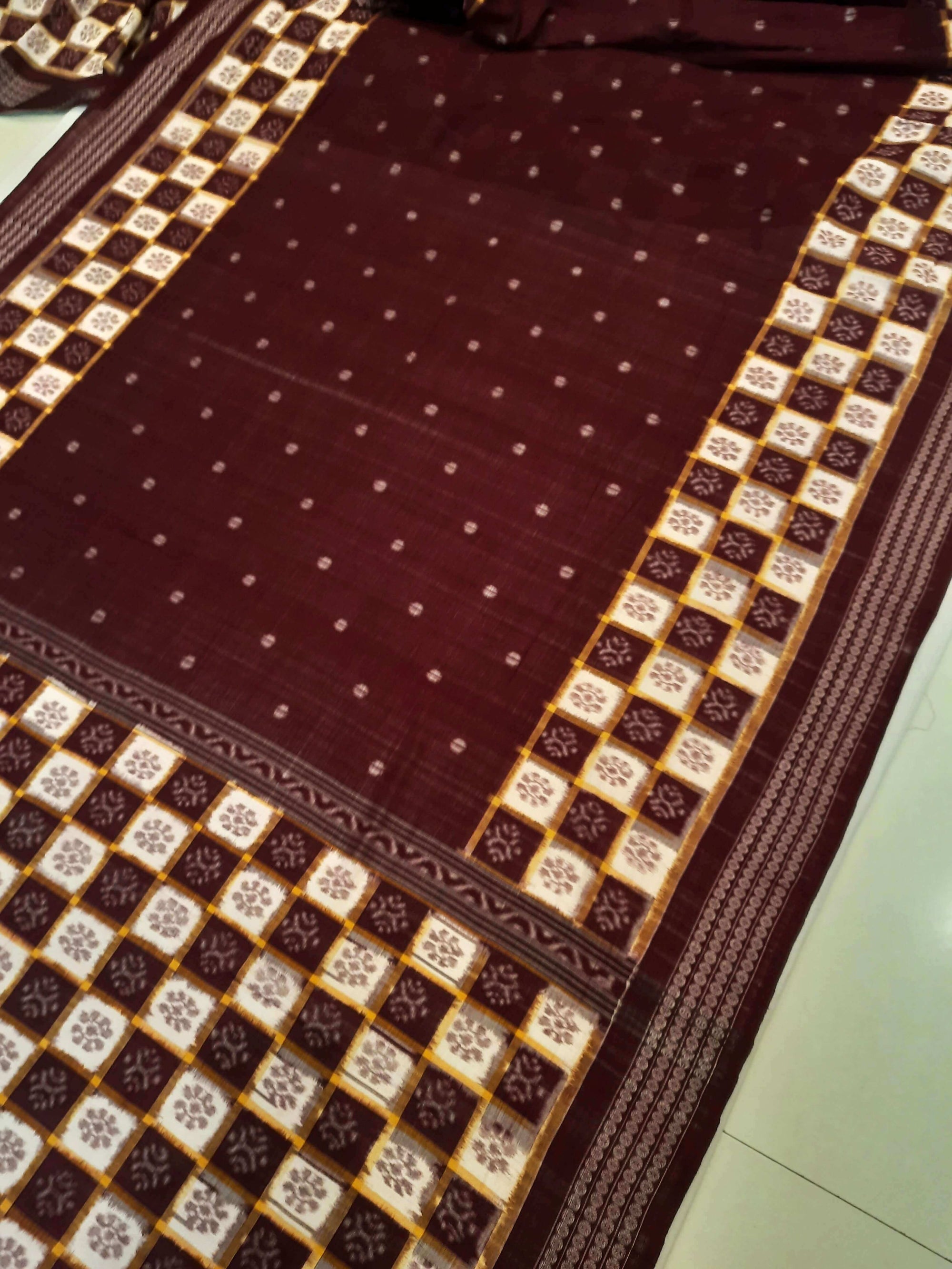 Maroon Patli Pleats Bomkai Sambalpuri cotton Saree with mix match ikat blouse piece