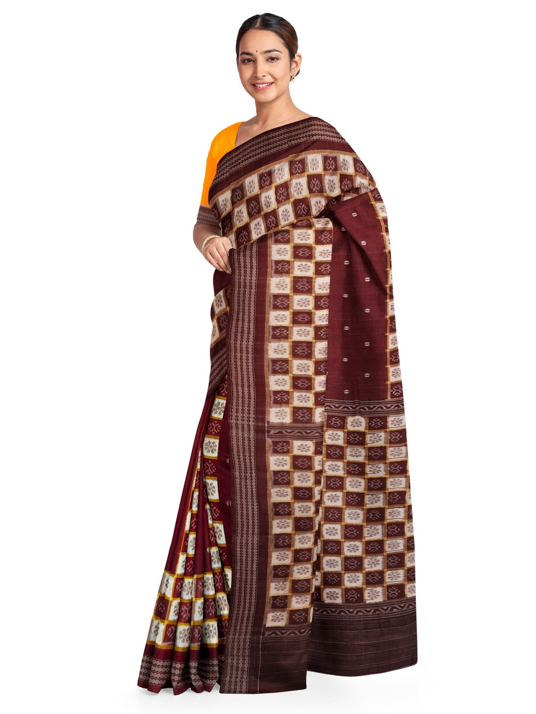Maroon Patli Pleats Bomkai Sambalpuri cotton Saree with mix match ikat blouse piece