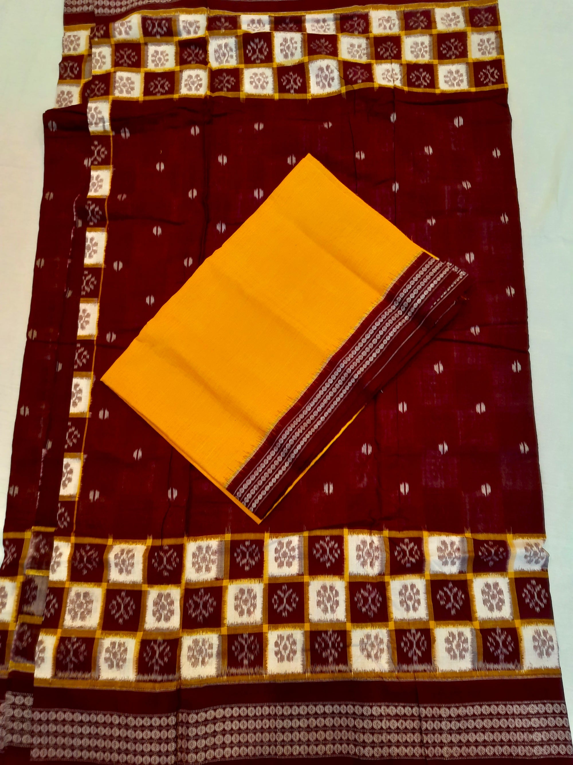Maroon Patli Pleats Bomkai Sambalpuri cotton Saree with mix match ikat blouse piece