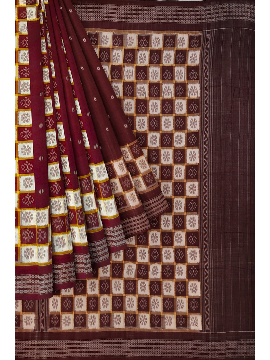 Maroon Patli Pleats Bomkai Sambalpuri cotton Saree with mix match ikat blouse piece