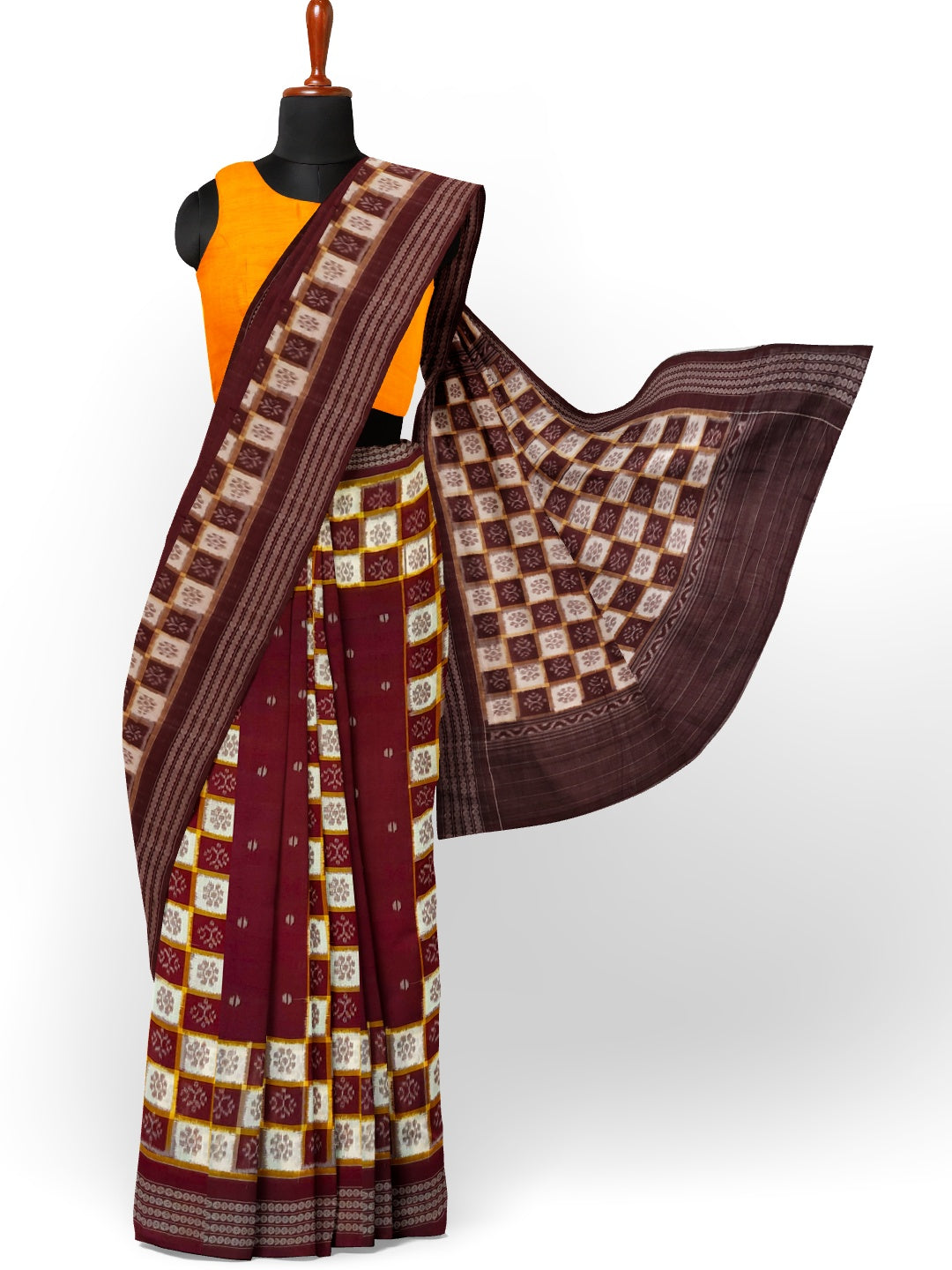 Maroon Patli Pleats Bomkai Sambalpuri cotton Saree with mix match ikat blouse piece