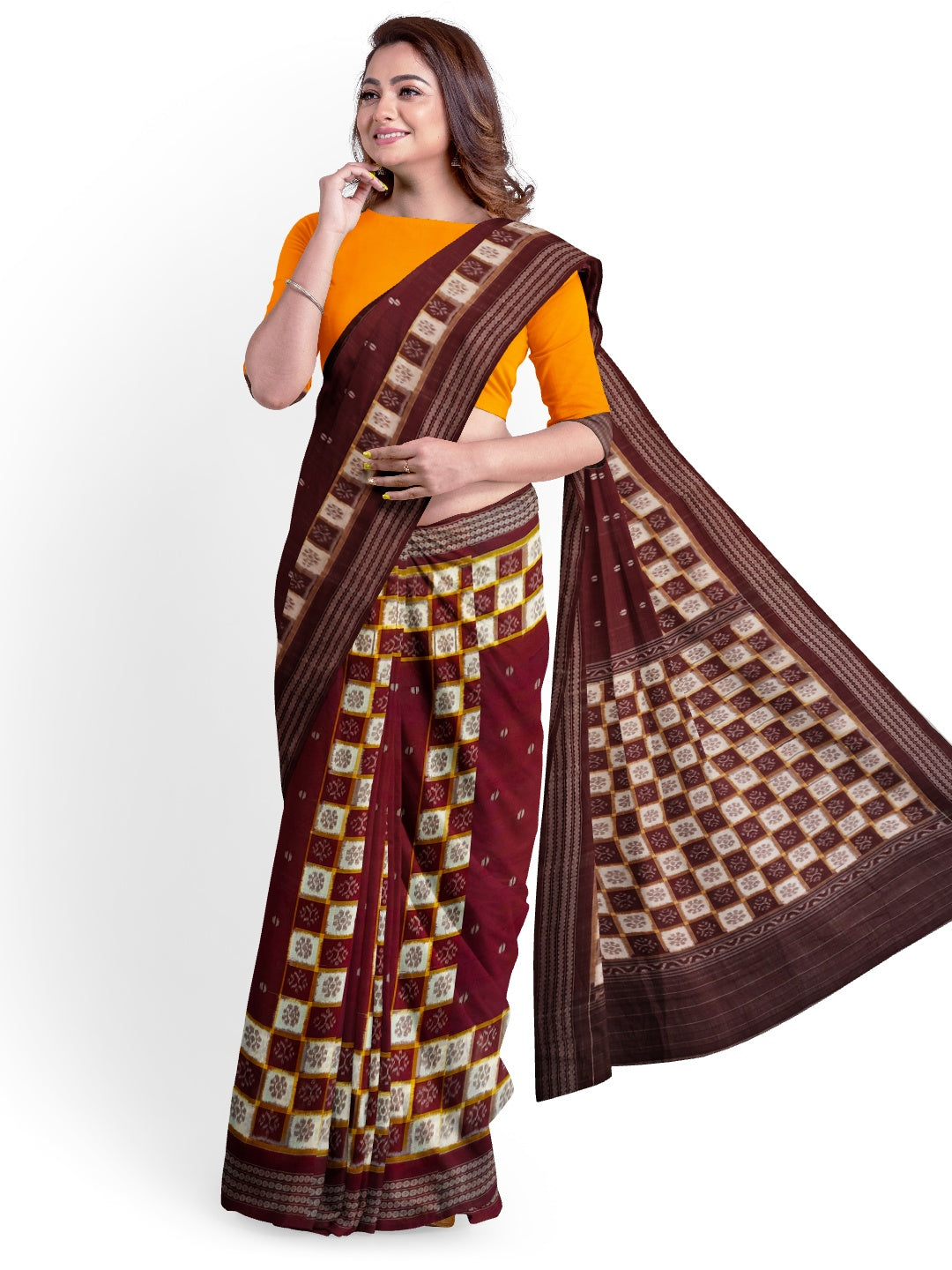 Maroon Patli Pleats Bomkai Sambalpuri cotton Saree with mix match ikat blouse piece