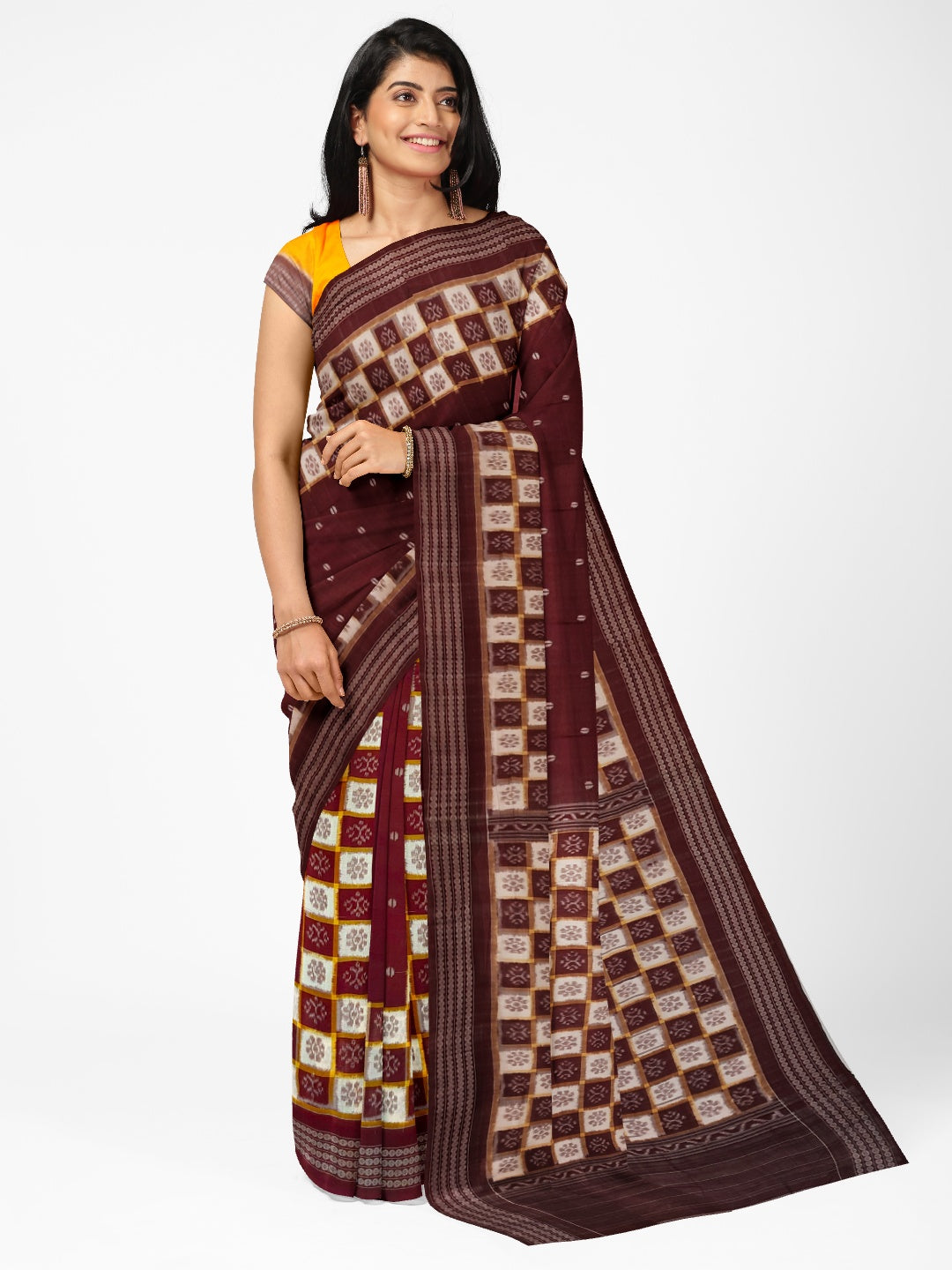 Maroon Patli Pleats Bomkai Sambalpuri cotton Saree with mix match ikat blouse piece