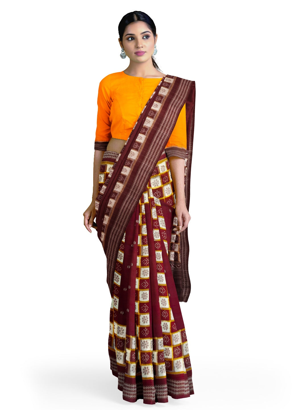 Maroon Patli Pleats Bomkai Sambalpuri cotton Saree with mix match ikat blouse piece