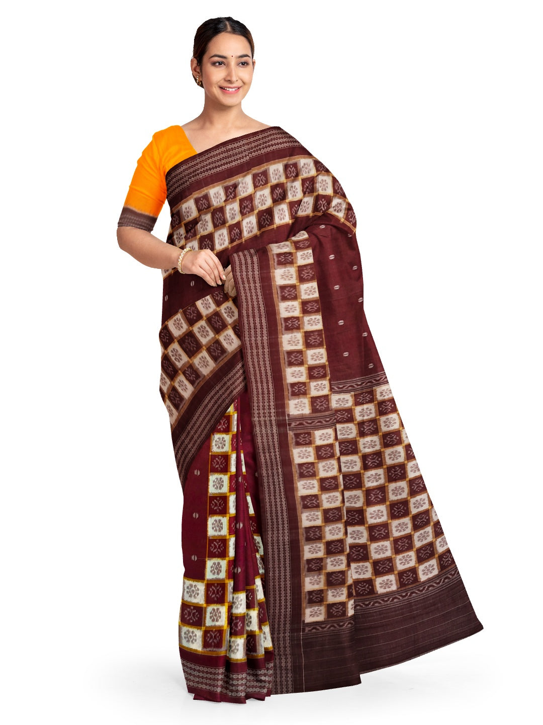 Maroon Patli Pleats Bomkai Sambalpuri cotton Saree with mix match ikat blouse piece
