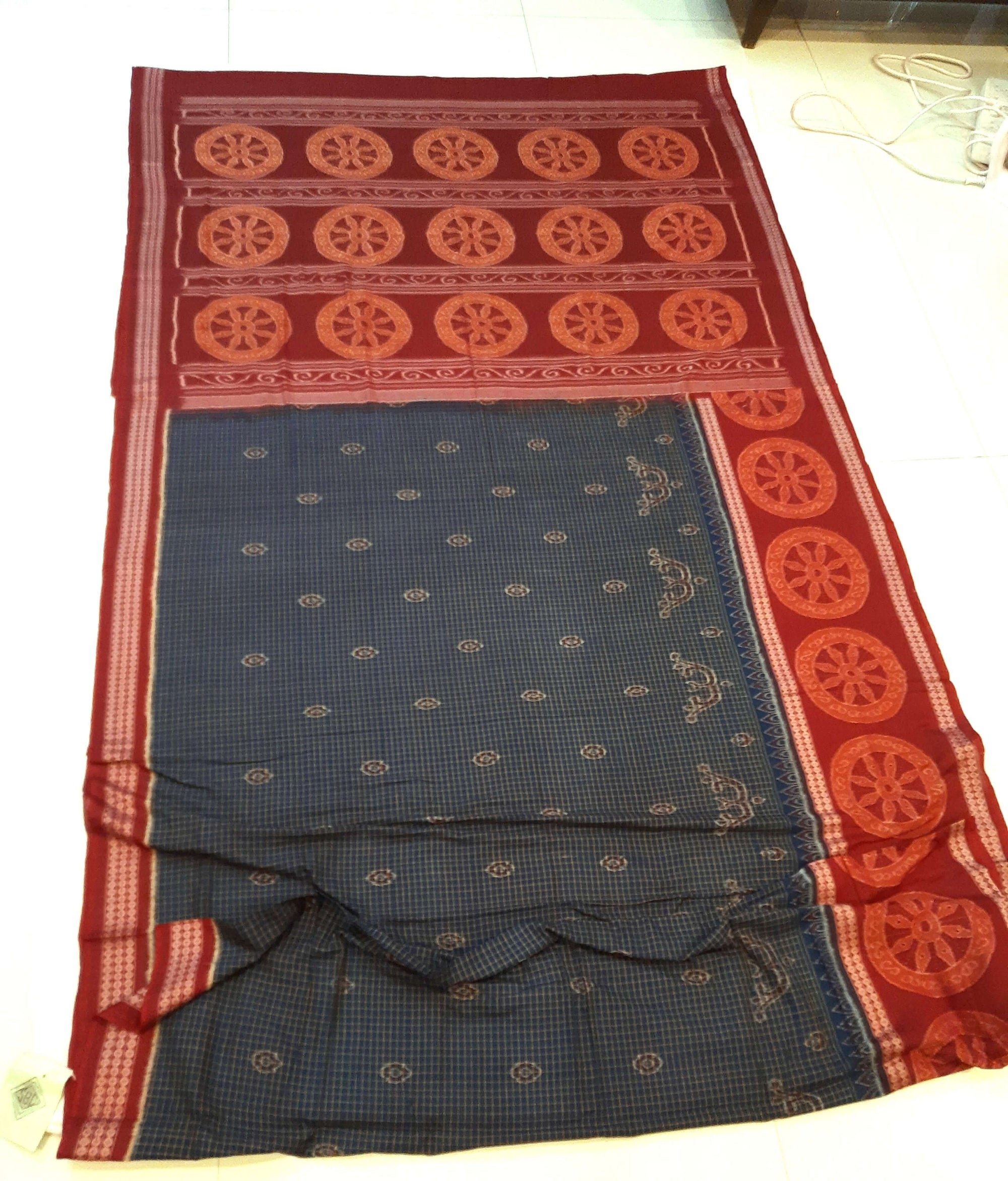 Blue and Red Sambalpuri Cotton  Bomkai Saree with running blouse piece