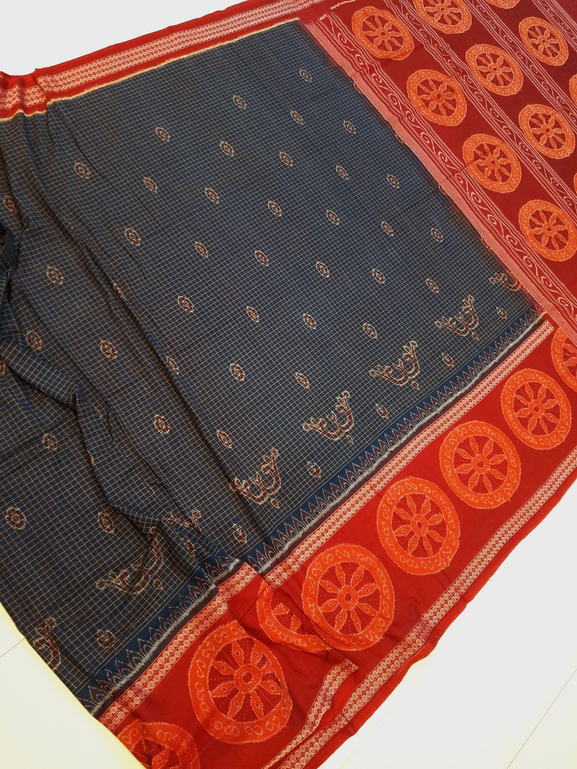 Blue and Red Sambalpuri Cotton  Bomkai Saree with running blouse piece