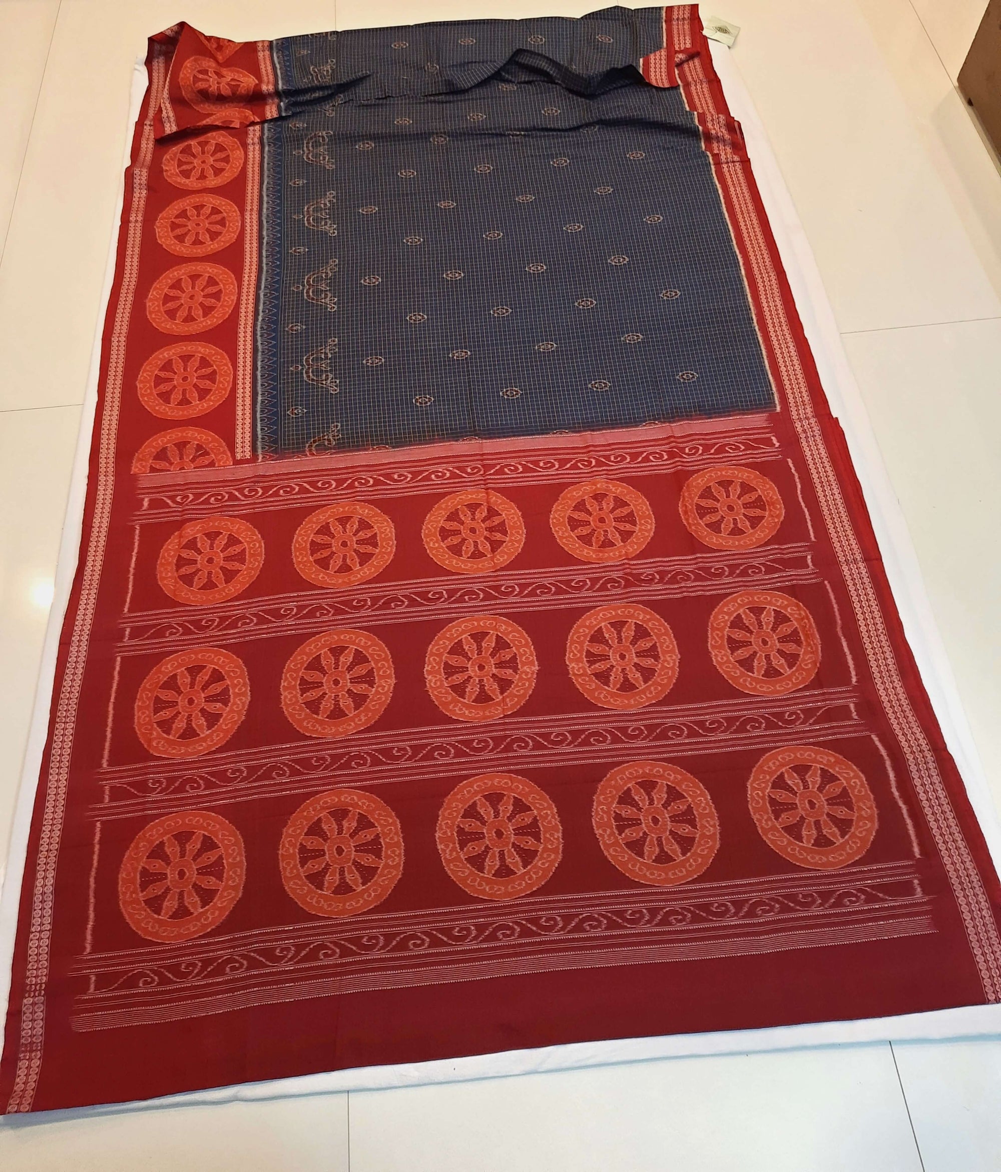 Blue and Red Sambalpuri Cotton  Bomkai Saree with running blouse piece