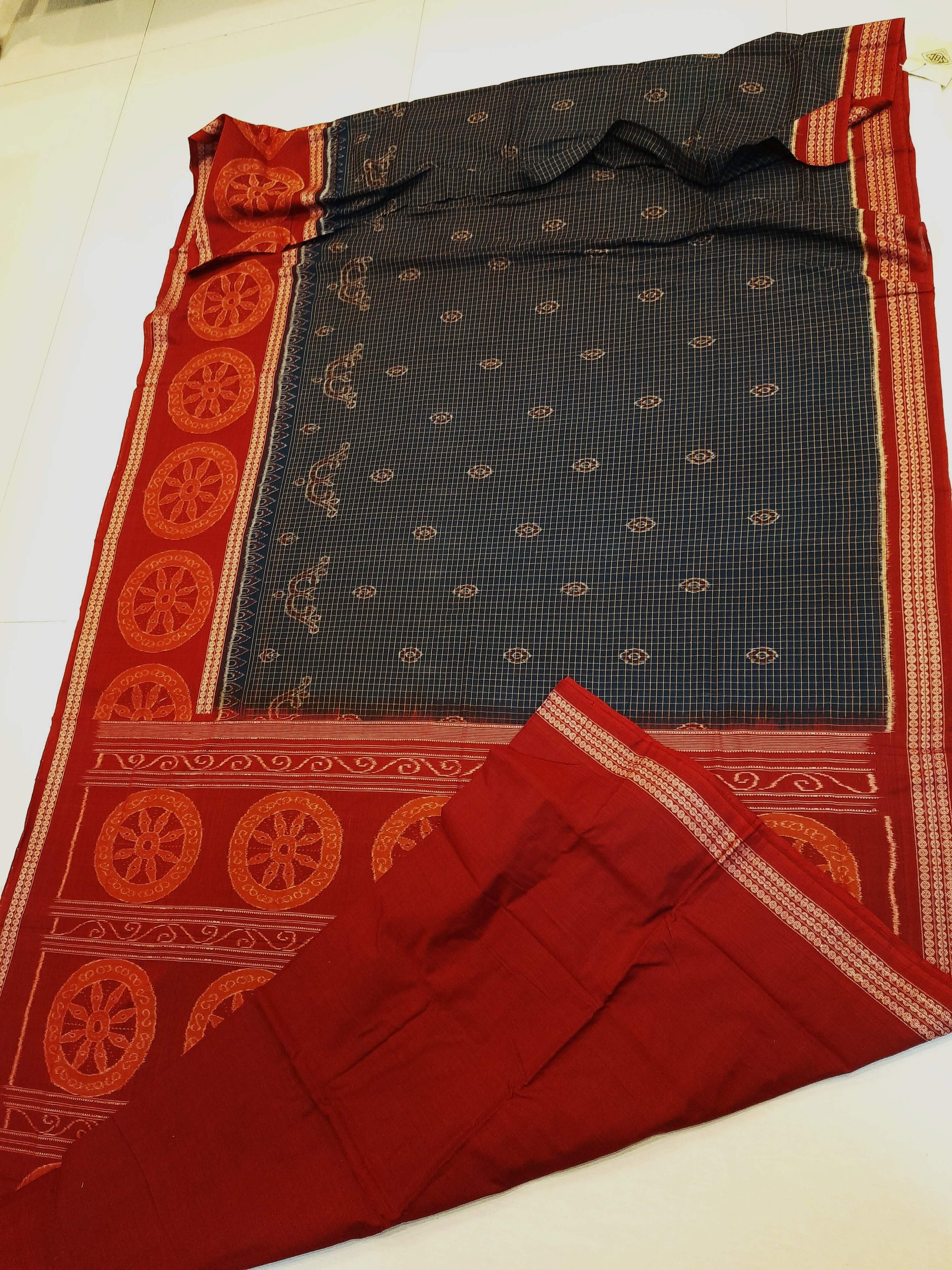 Blue and Red Sambalpuri Cotton  Bomkai Saree with running blouse piece