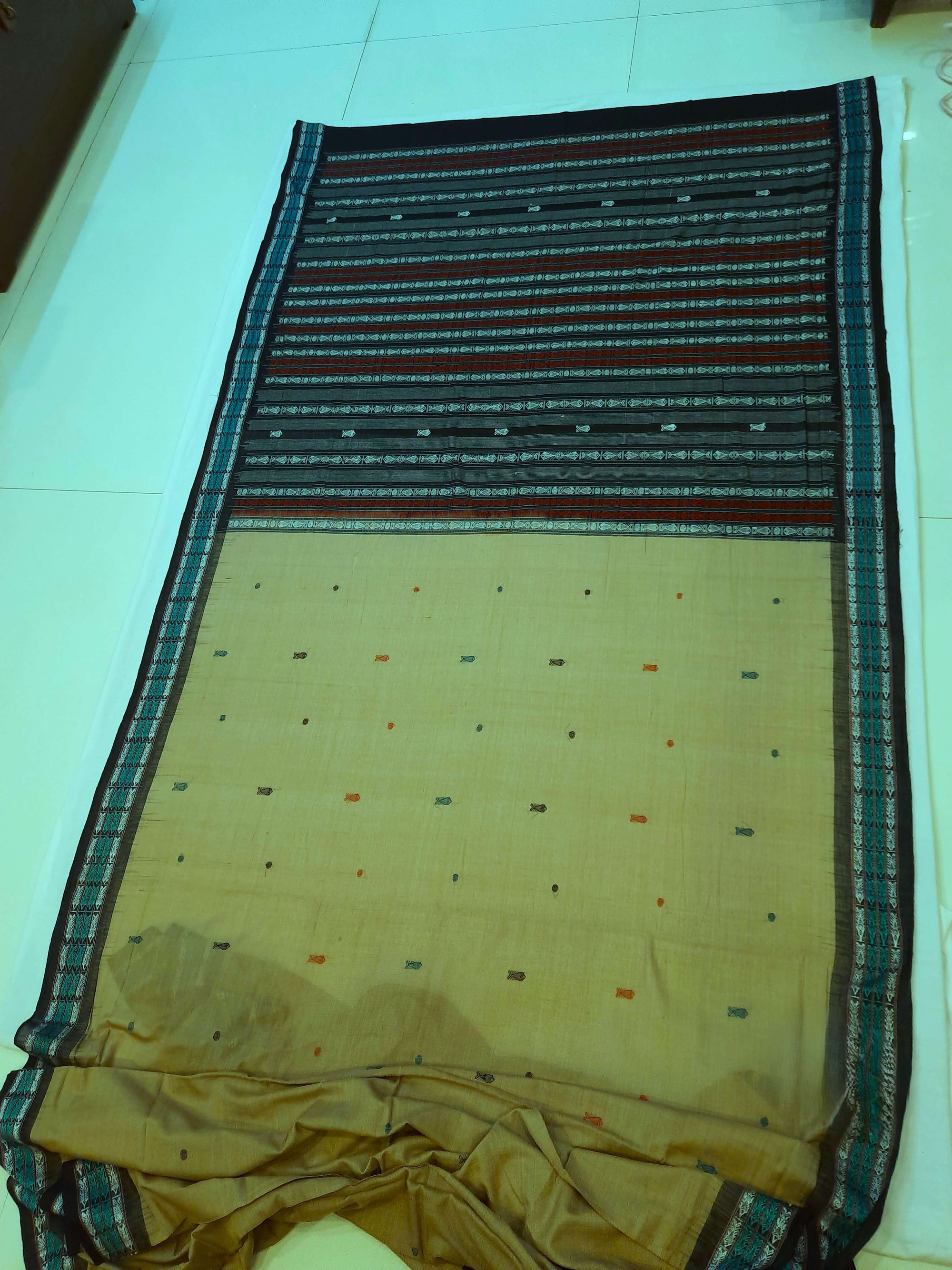 Khaki colour Sambalpuri Cotton Saree with running blouse piece
