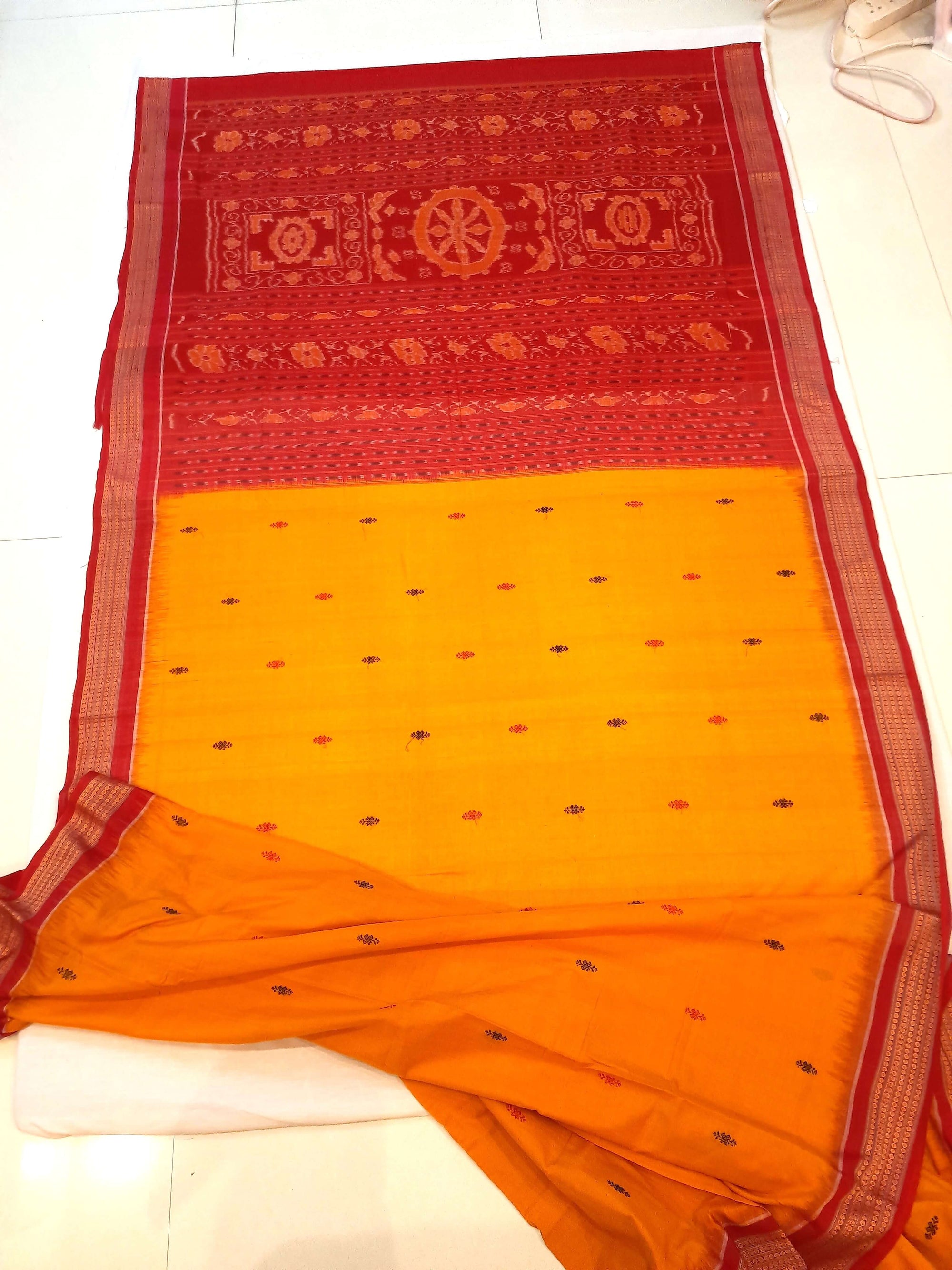 Yellow Red Sambalpuri Cotton Saree with running blouse piece