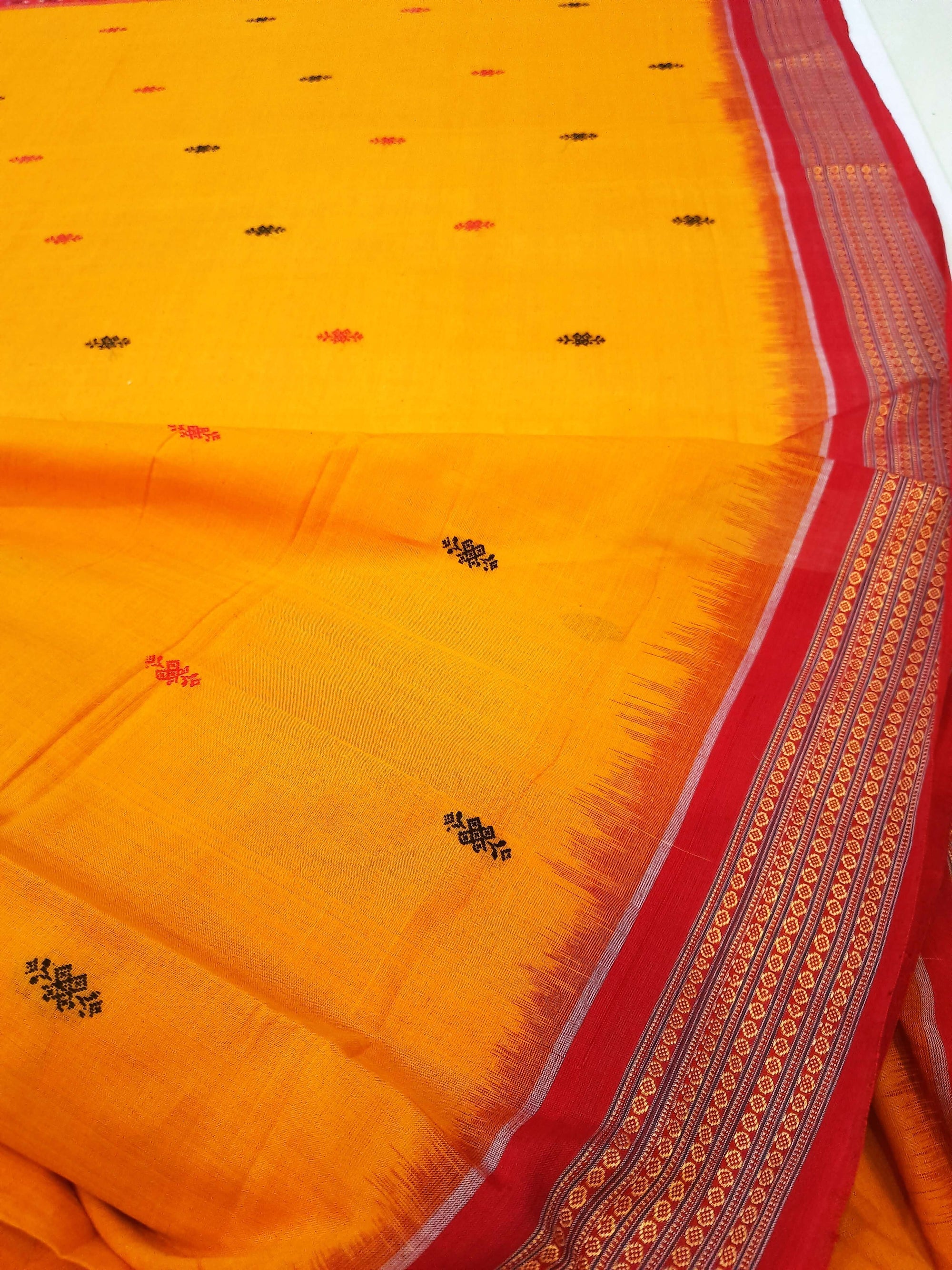 Yellow Red Sambalpuri Cotton Saree with running blouse piece