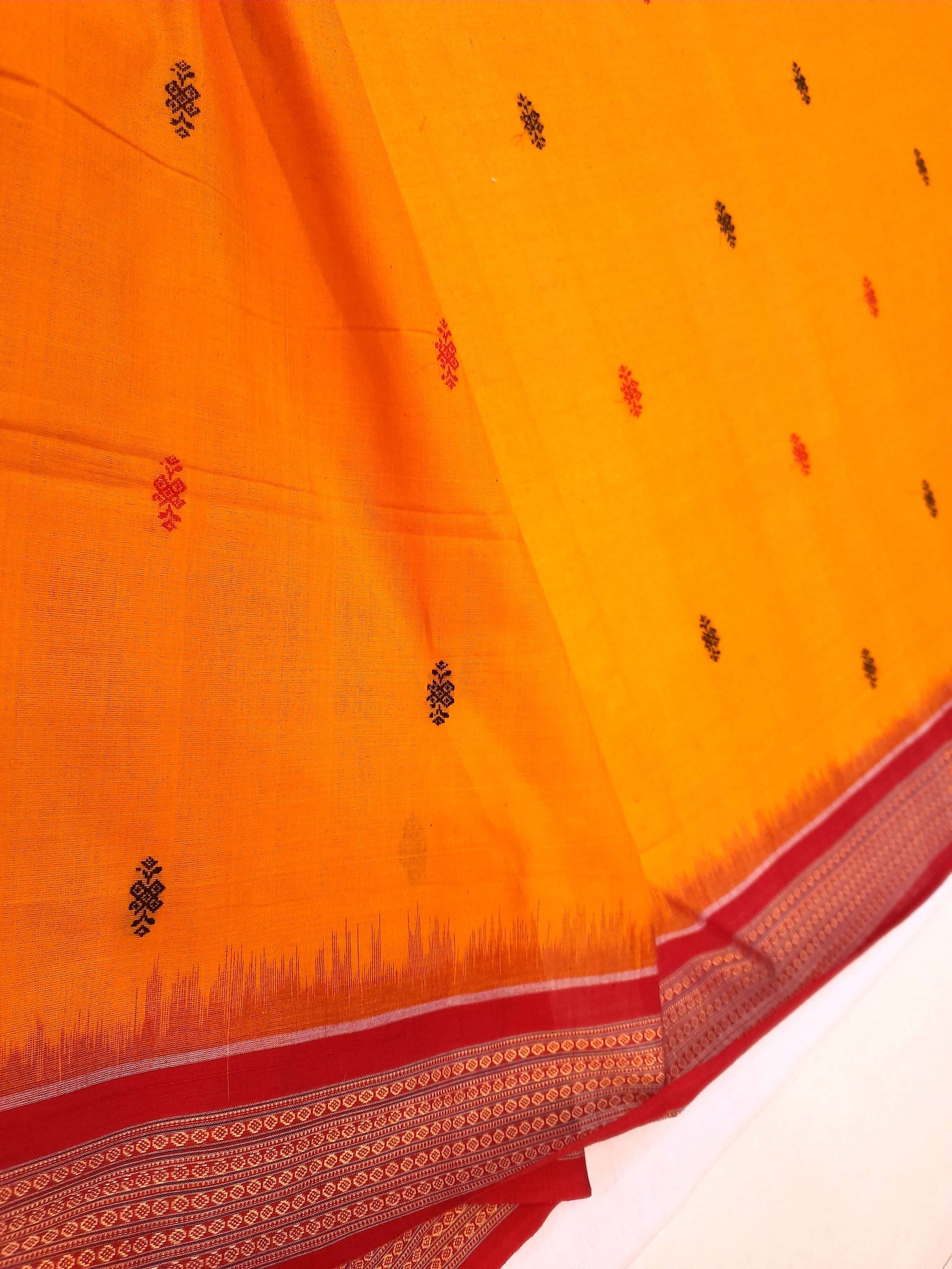 Yellow Red Sambalpuri Cotton Saree with running blouse piece