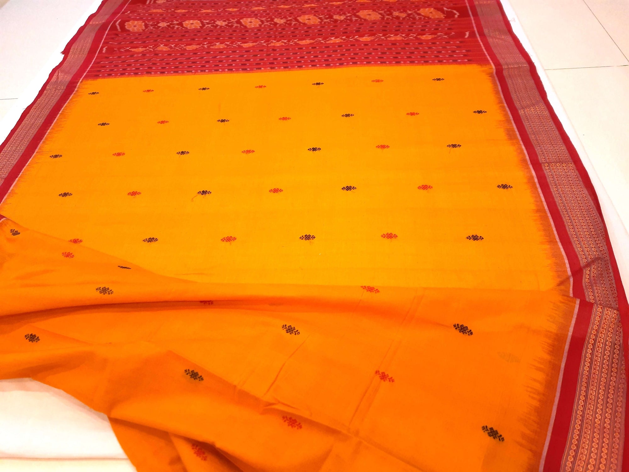 Yellow Red Sambalpuri Cotton Saree with running blouse piece