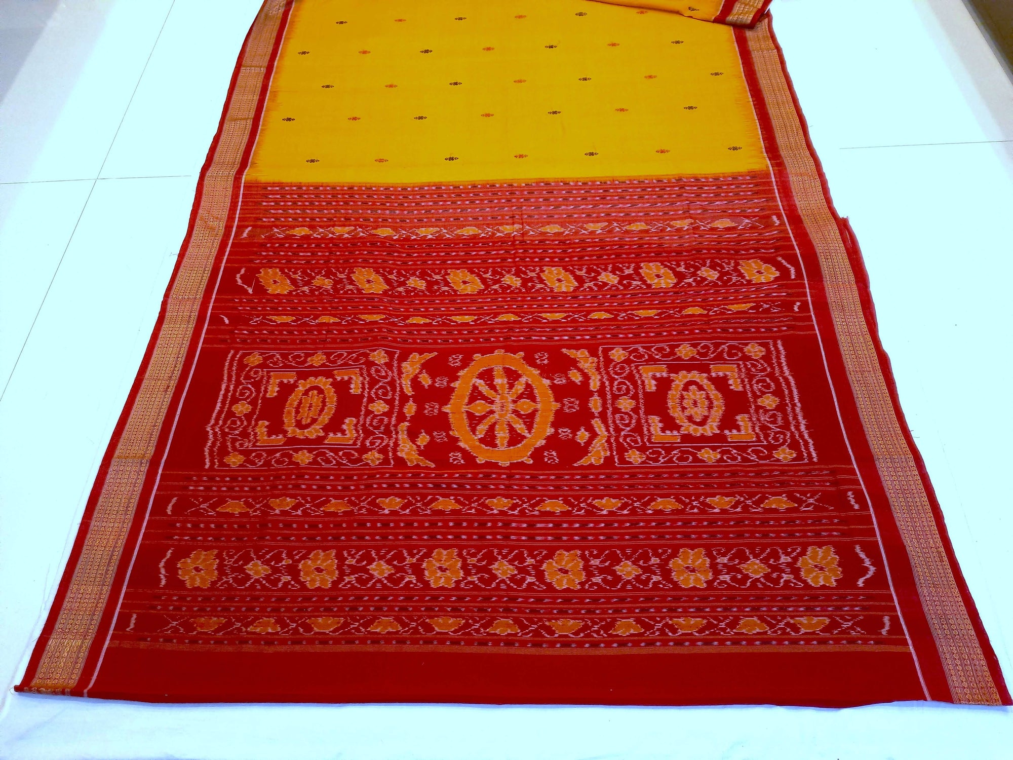 Yellow Red Sambalpuri Cotton Saree with running blouse piece
